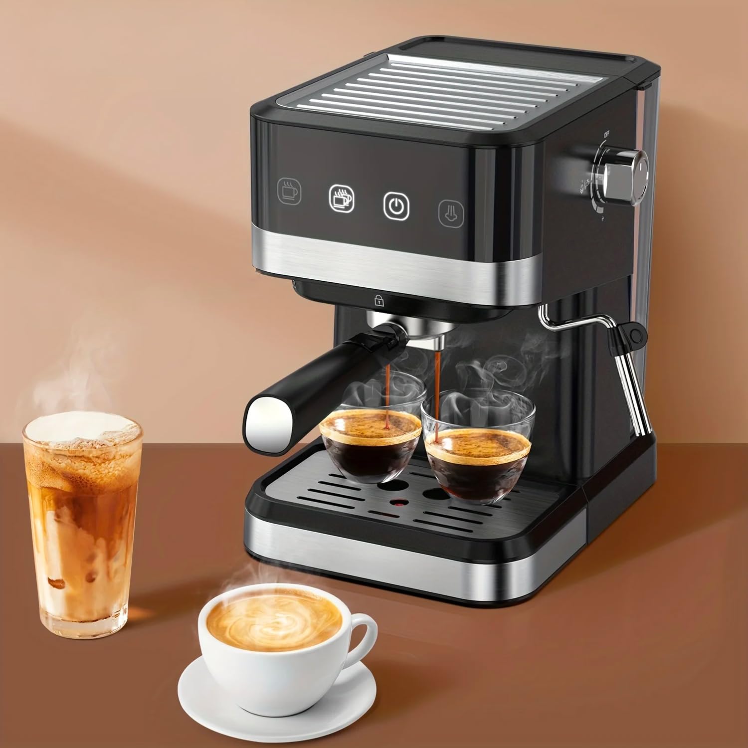 Wintem Macchina del Caffè in Plastica e Acciaio1050W 1,5L in Nero - Doppio Filtro in Metallo - Funzione Montalatte Innovativa - Ugello Vapore Staccabile Pratico e Facile da Pulire