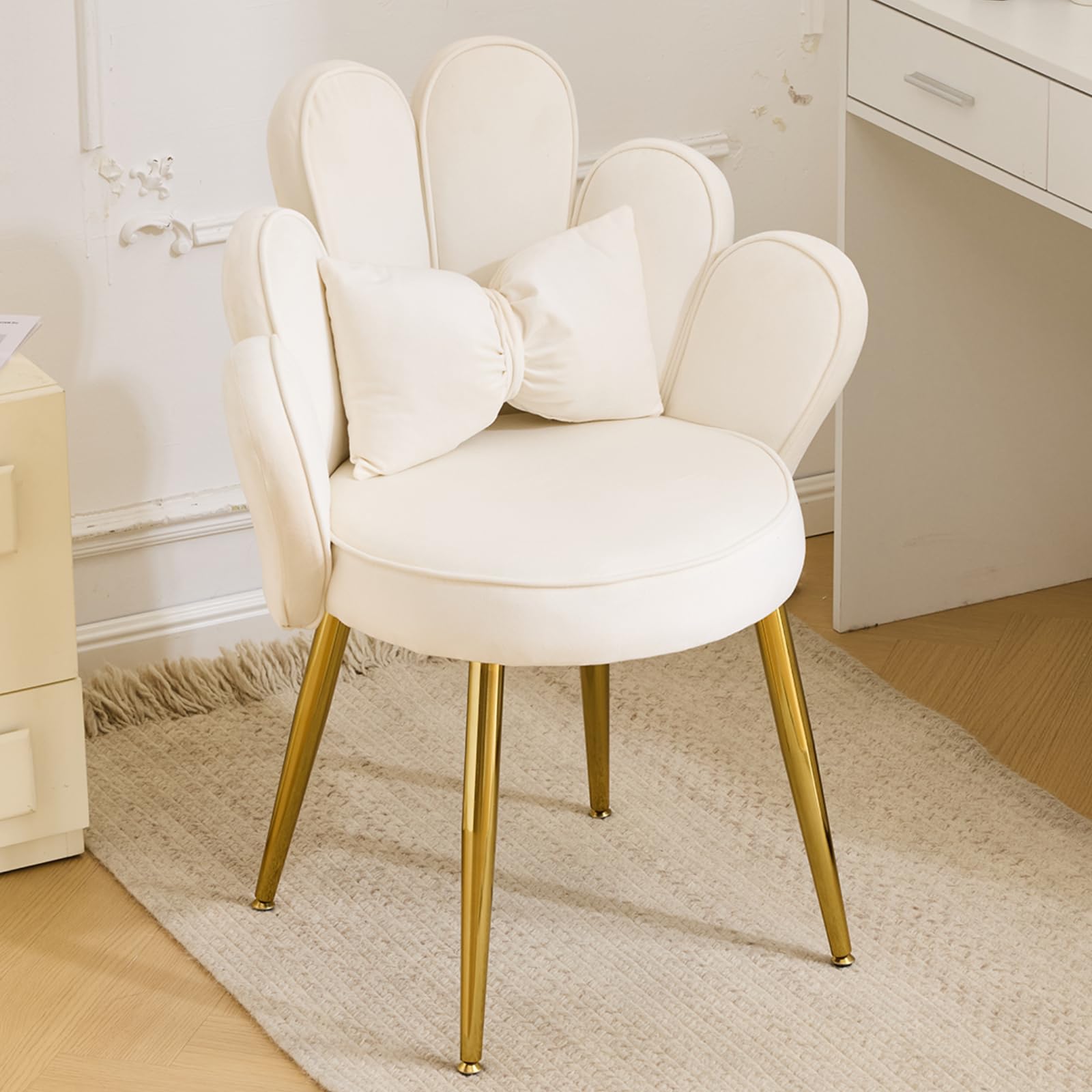 LEADZM Sillón con respaldo pétalo silla de tocador sillón relax, Blanco | de salón dormitorio, sillón de cocina y comedor con patas de oro