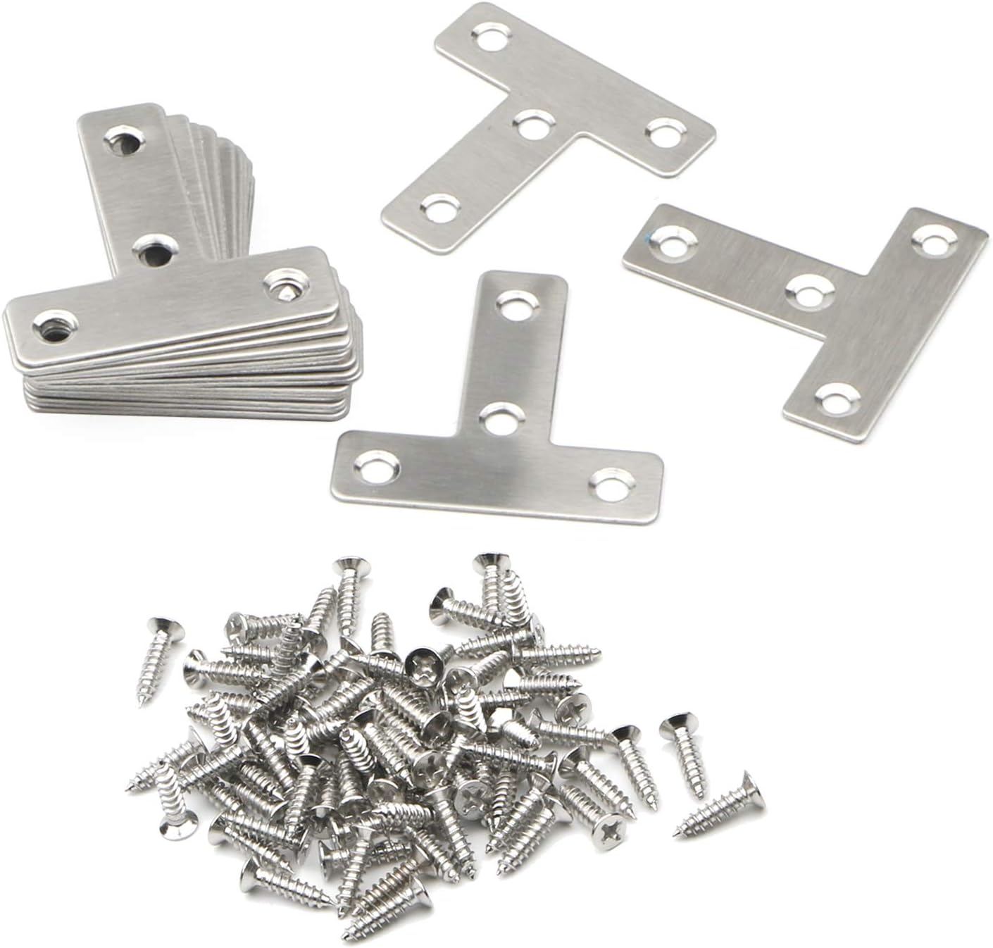 Flat L Shape Corner Brace, 4 Holes Angle Plate Bracket for Wooden Furniture Repair Connector Fixing, 40x40mm (1.57x1.57 inch) 20 Pack, Stainless Steel Silver Plated Joint Fixture Protector