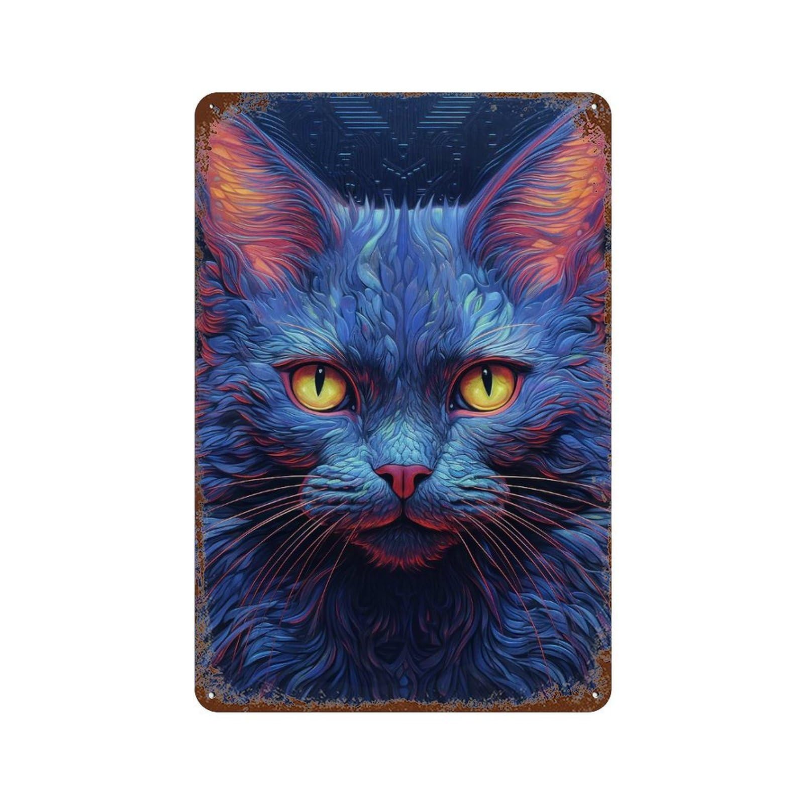 Garage Style Blue Neon Cat Closeup Distressed Metal Wall Sign 11.8"x7.9", Retro Wall Decor for Bar And Workshop