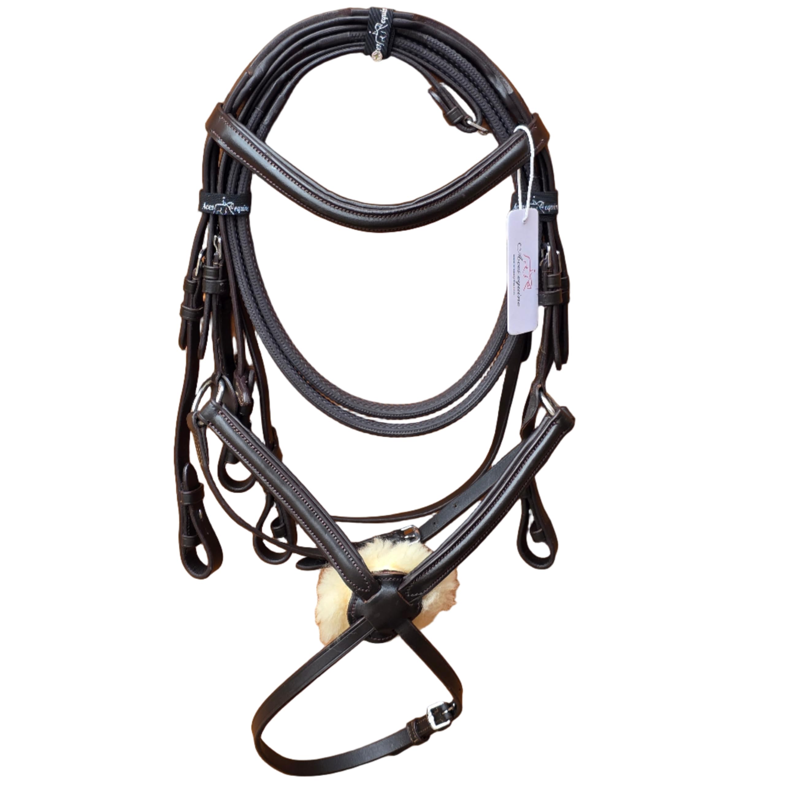 Leather Mexican Brown Grackle Bridle Soft Padded Browband And Nosepiece Removable Wool Pad Handmade Comfort Fit with Rubber Reins (COB)