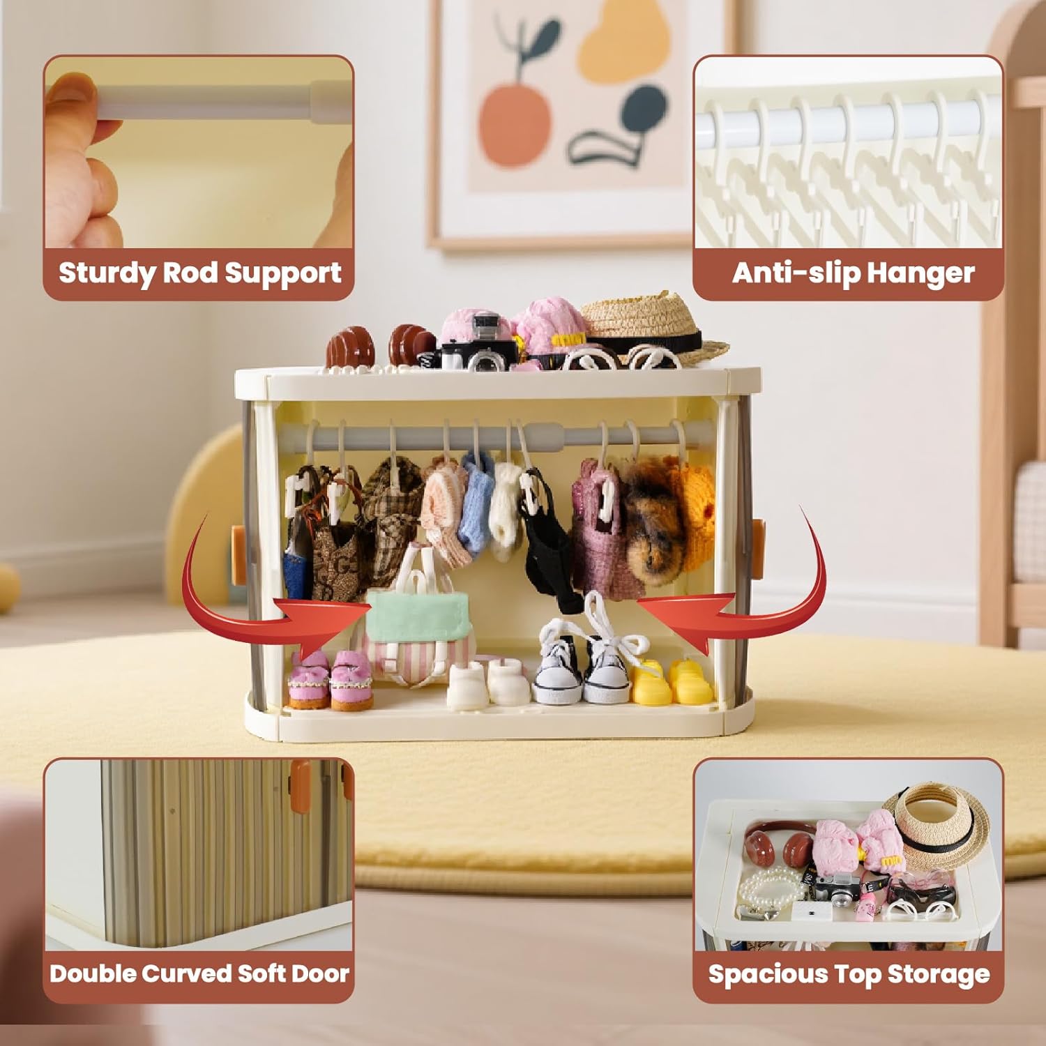 Foldable Doll Wardrobe with Stand Compatible with Labubu, 10 Hangers, 1 Rod & 2 Supports, Dust-Resistant Stackable Organizer Cabinet Storage Box for 15/17cm Doll Clothes Shoes Accessories (Foldable)