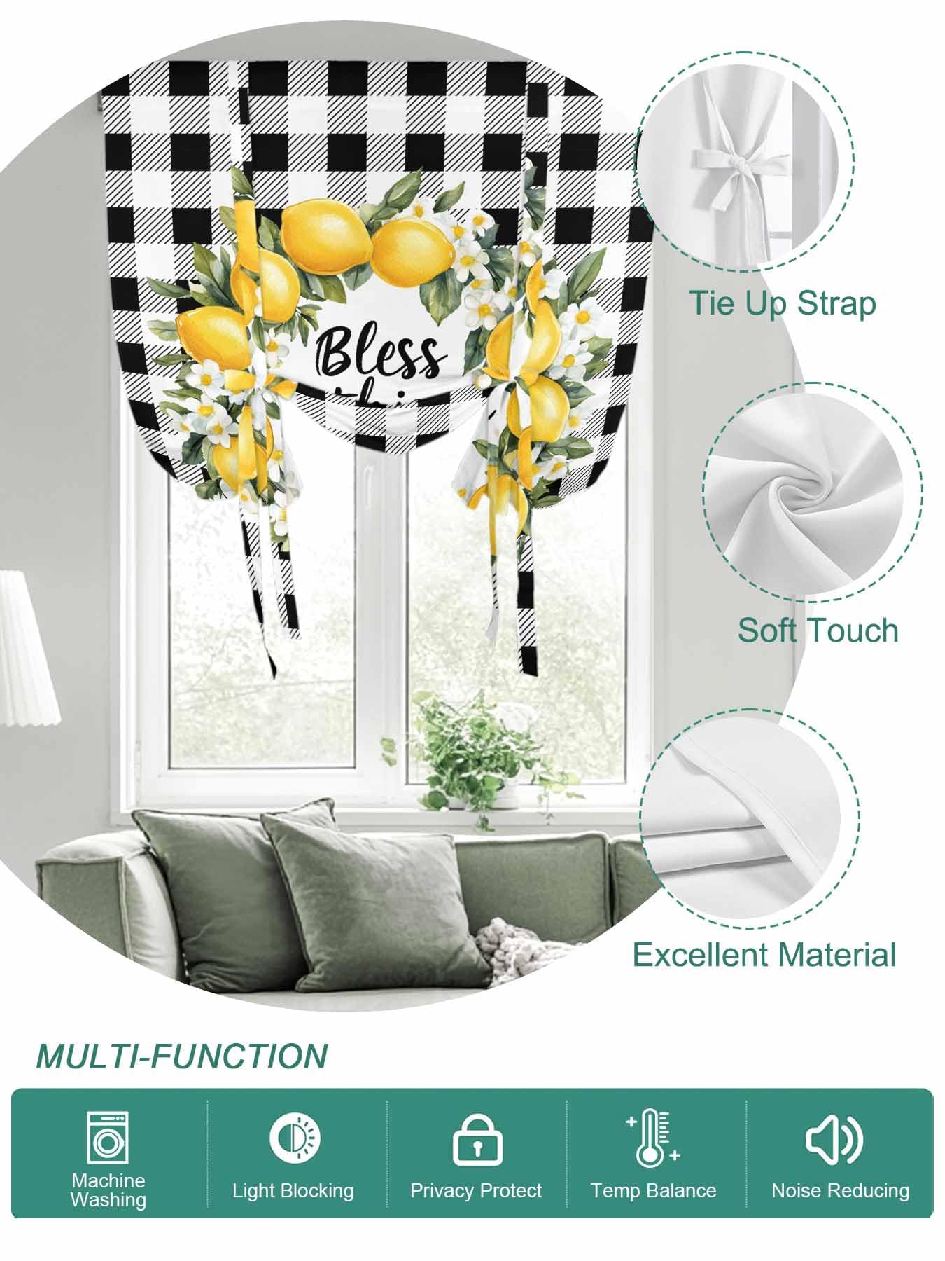 Tie Up Curtains for Windows Summer Lemon Roman Shade 52 x 45 Inch Bathroom Curtains Window Farmhouse Country Black White Check Rod Pocket Short Balloon Curtains for Living Room Kitchen Small Blinds
