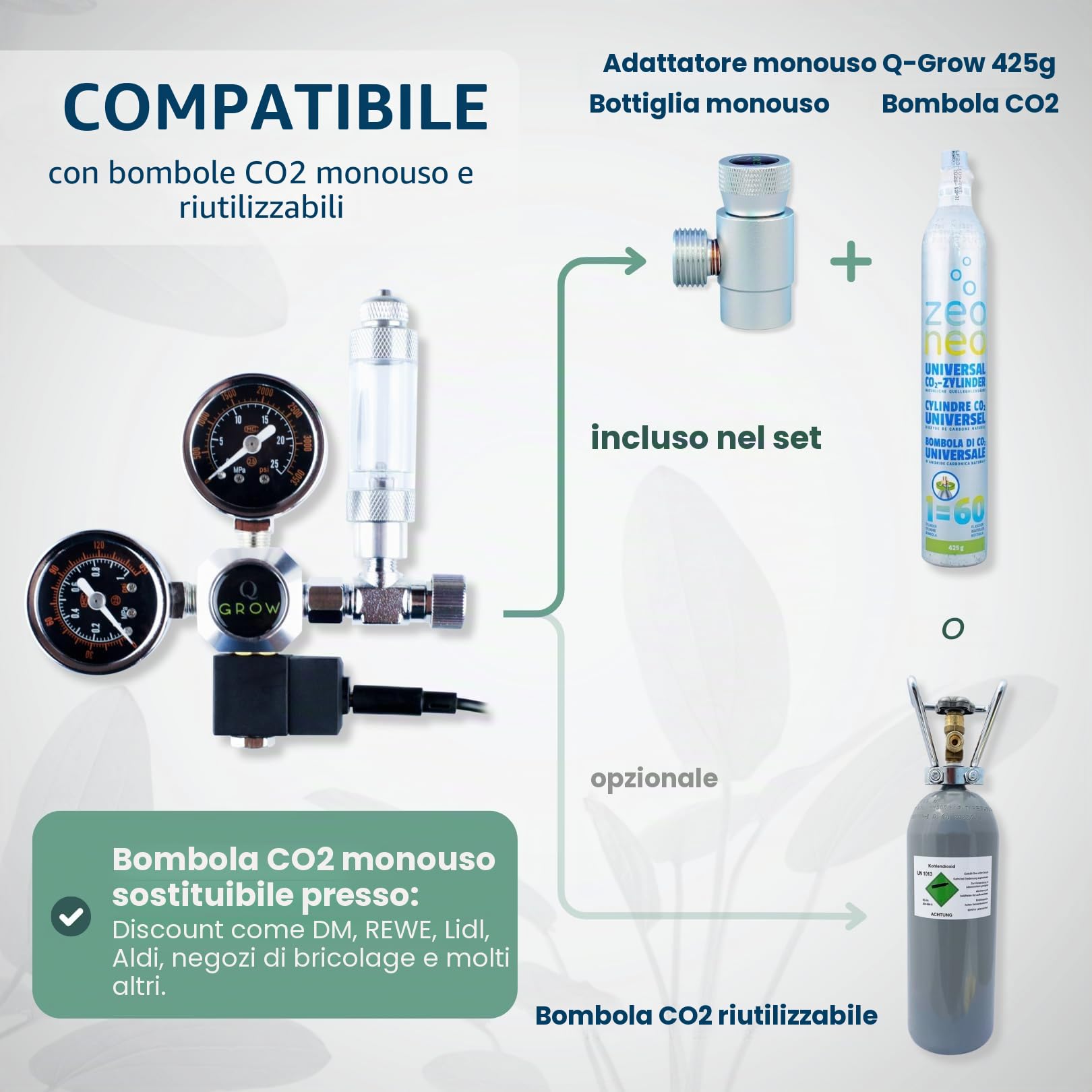 Q-Grow - Impianto di CO2 per acquario, set completo con cilindro di CO2, semplice e universale, con diffusore in acciaio inox, test permanente, riduttore di pressione, bottiglia di CO2 da 425 g, fino