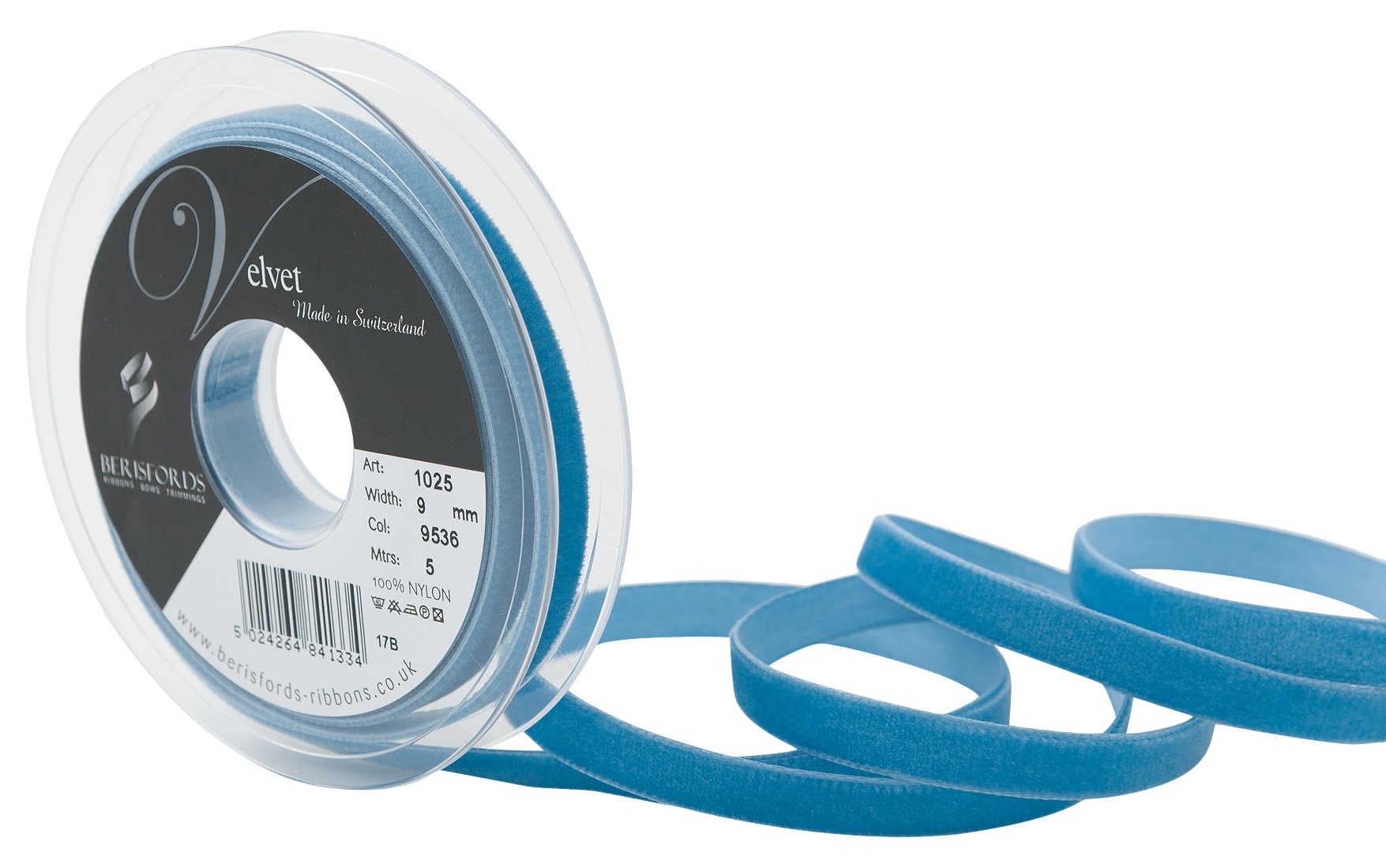 Berisfords Velvet Ribbon, Williamsburg Blue, 10.2 x 1.5 x 10.2 cm
