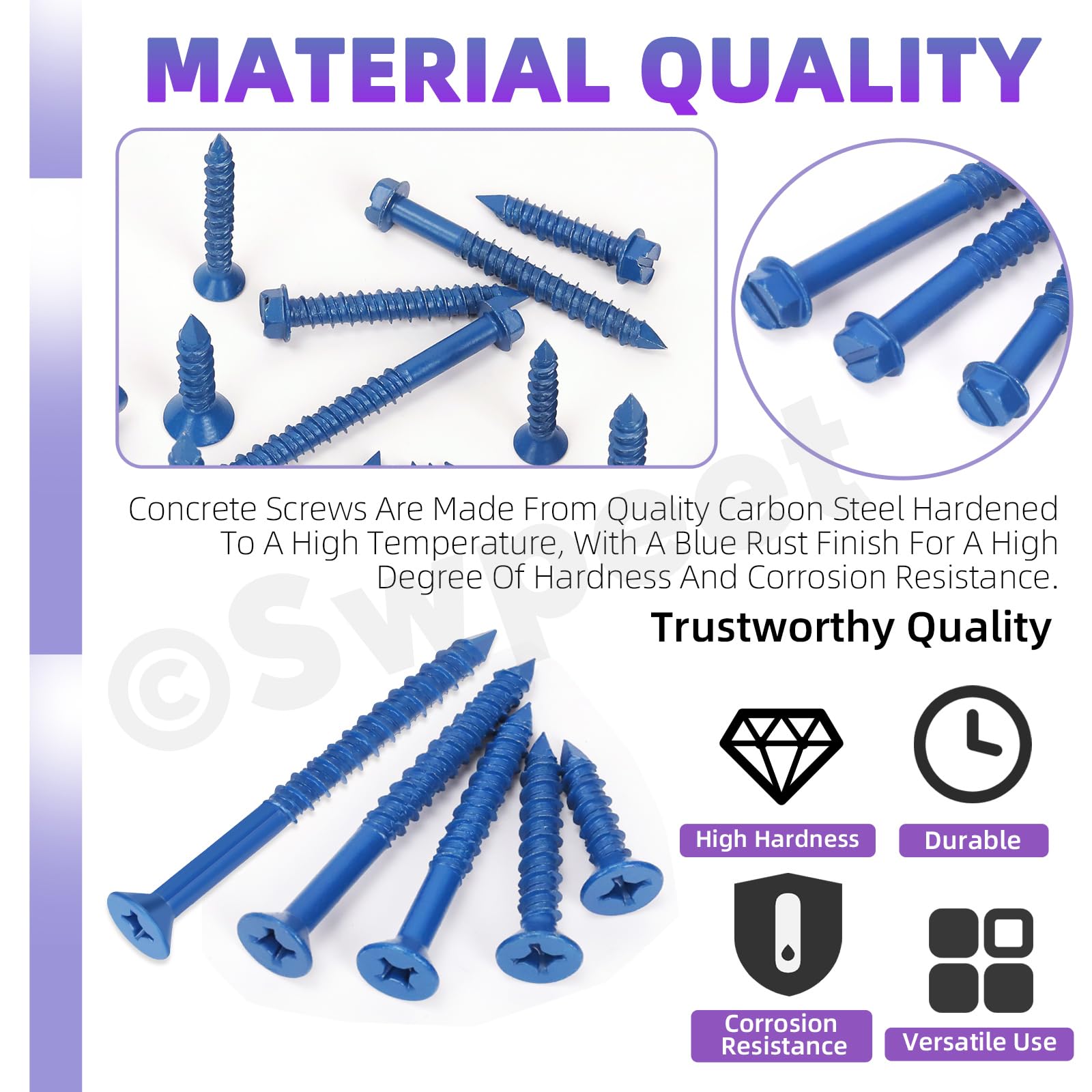 Swpeet 102Pcs 5 Sizes 1/4" Flat Head Concrete Screw Anchors with Screwdriver Bit and Drill Bit Assortment Kit - Image 3