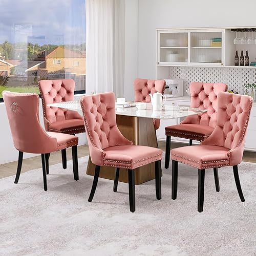 Miniatura 18 de Juego de 6 sillas de comedor de terciopelo, sillas de comedor tapizadas acolchadas con ribete de tachuelas y patas de madera maciza para cocina,