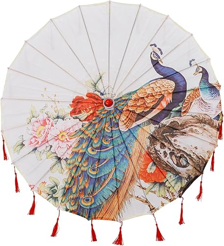 THY COLLECTIBLES Sombrilla de seda clásica de estilo asiático de 33 pulgadas con borlas para bodas, fotografías, disfraces, cosplay, decoración y