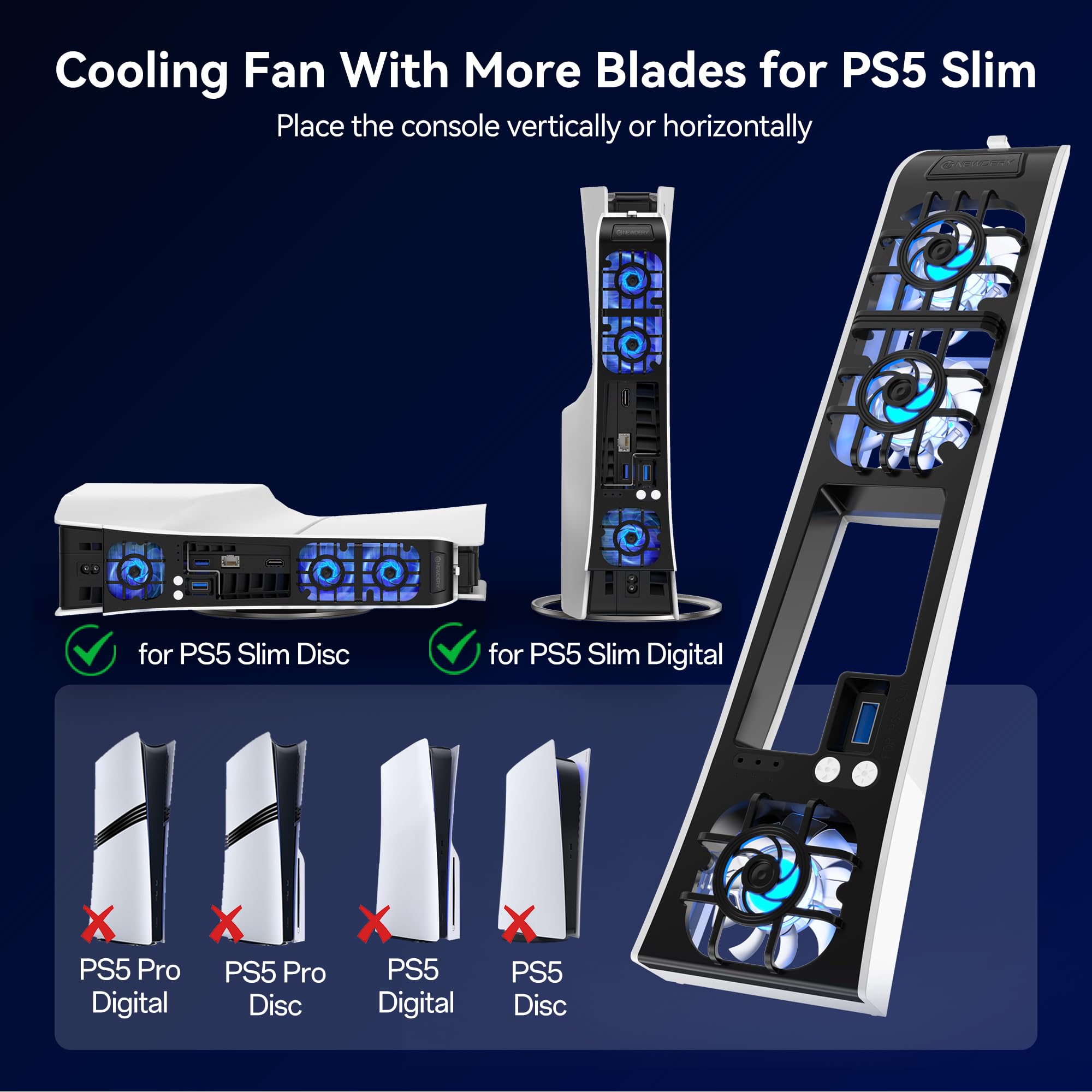 NEWDERY Ventola di raffreddamento per console PS5 Slim, ventola di raffreddamento silenziosa aggiornata, velocità regolabile in temperatura automatica, luce RGB dinamica, porta USB 3.0