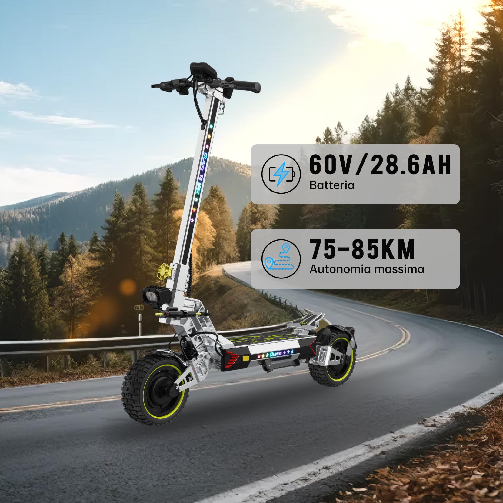 T3 Max Monopattino Elettrico, 2 Potenti Motori, Batteria da 60V 28.6Ah, Autonomia 75-85KM, Pneumatici All Terrain da 10.5 Pollici, 3 Modalità di Velocità, Schermo Intelligente