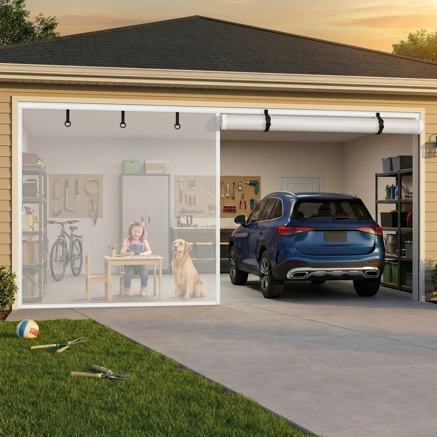Moustiquaire magnétique de garage en tissu de verre blanc ultra-résistant