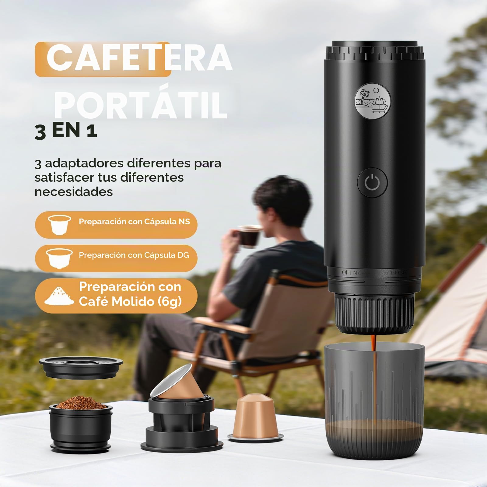 RECAFIMIL Cafetera portátil 3 en 1, máquina de café espresso portátil de 19 bares con calefacción automática, compatible con cápsulas NS y DG y café molido para camping, viajes y pero