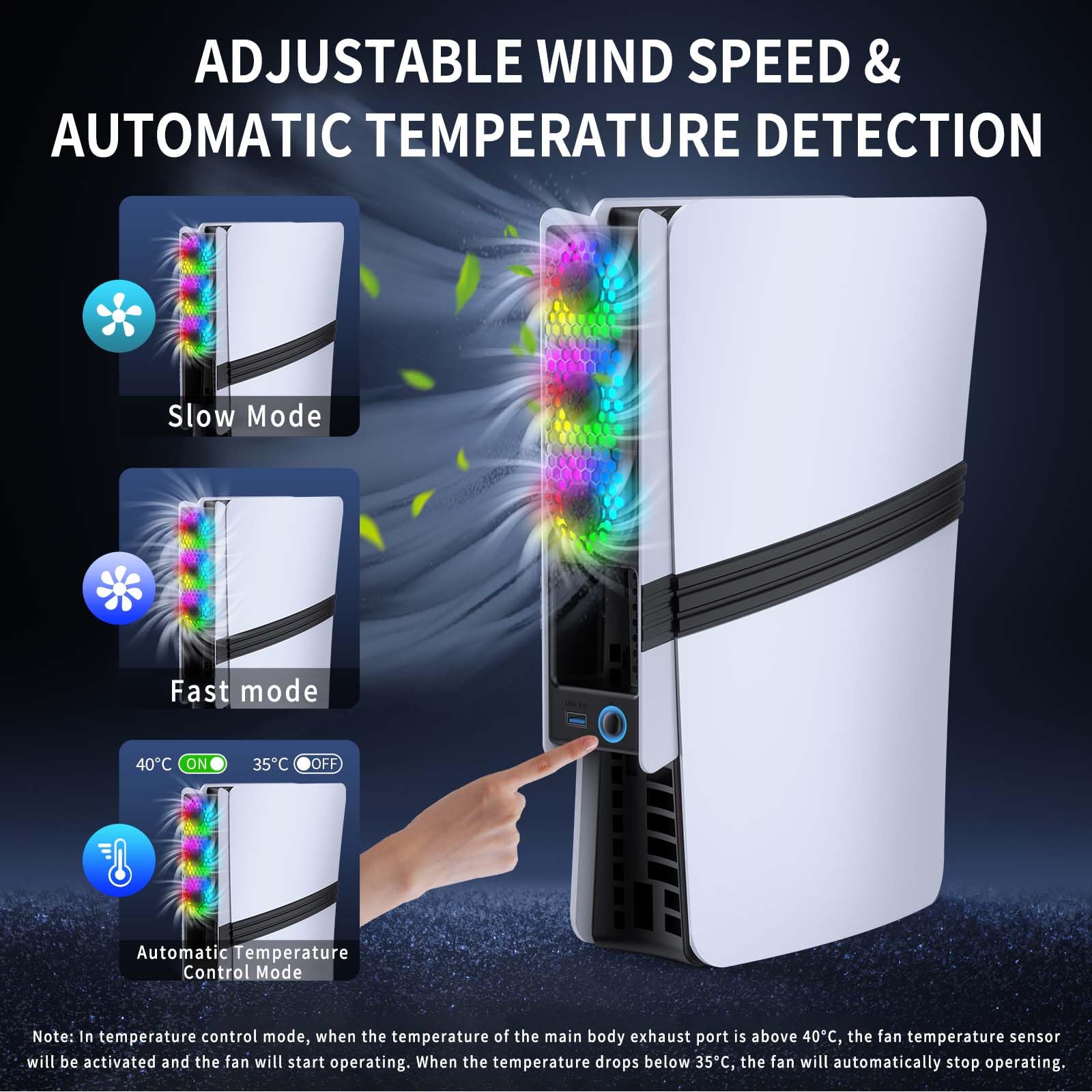Ventilateur de refroidissement pour PS5 Pro/PS5 Slim, Refroidissement haute vitesse avec contrôle automatique de la température, faible bruit, éclairage RVB et port USB 3.0 pour les