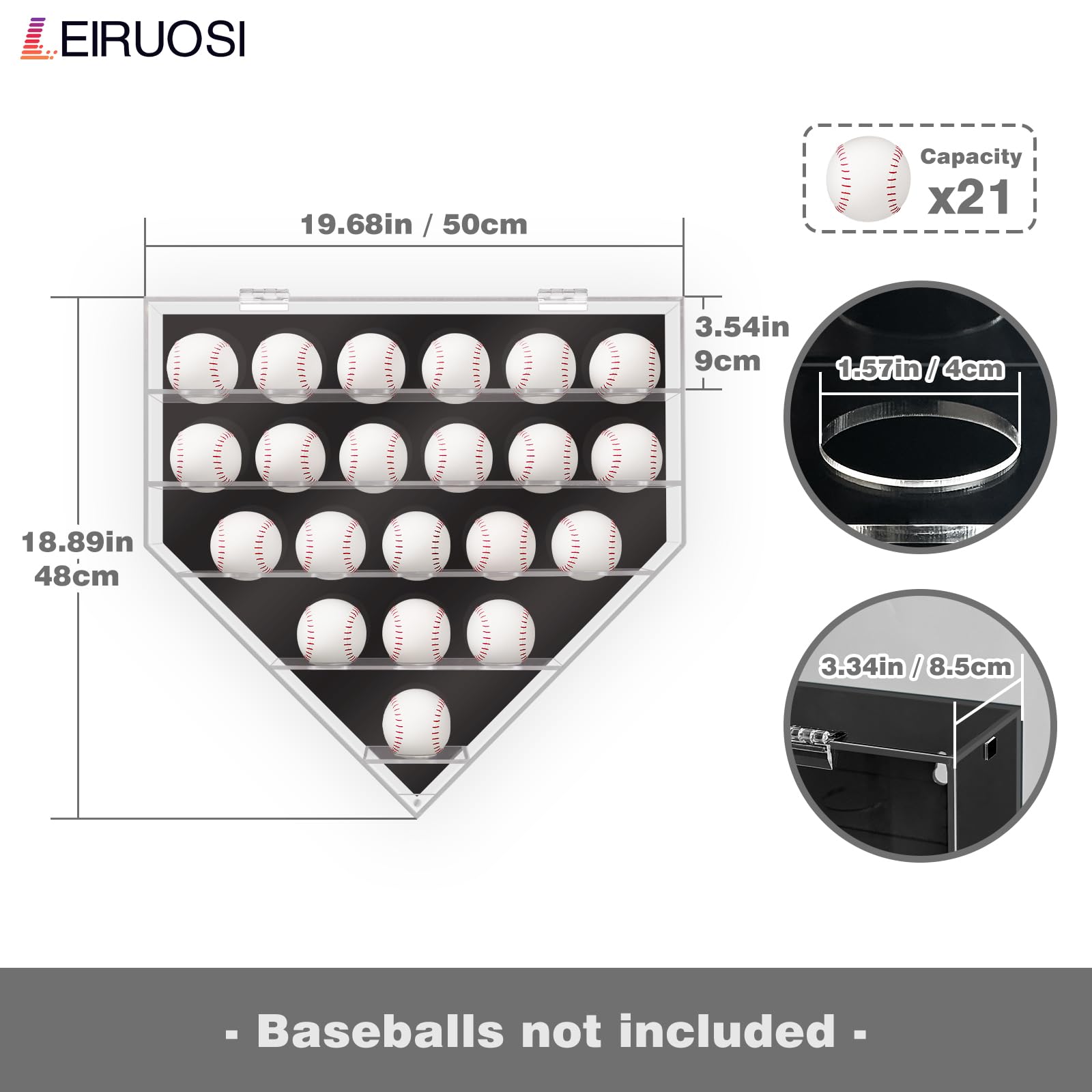 Vitrina acrílica para béisbol, caja de sombra montada en la pared para béisbol, pickleball, tenis, soporte extraíble, caja de exhibición de autógrafos de recuerdos para 21 bolas (negro)