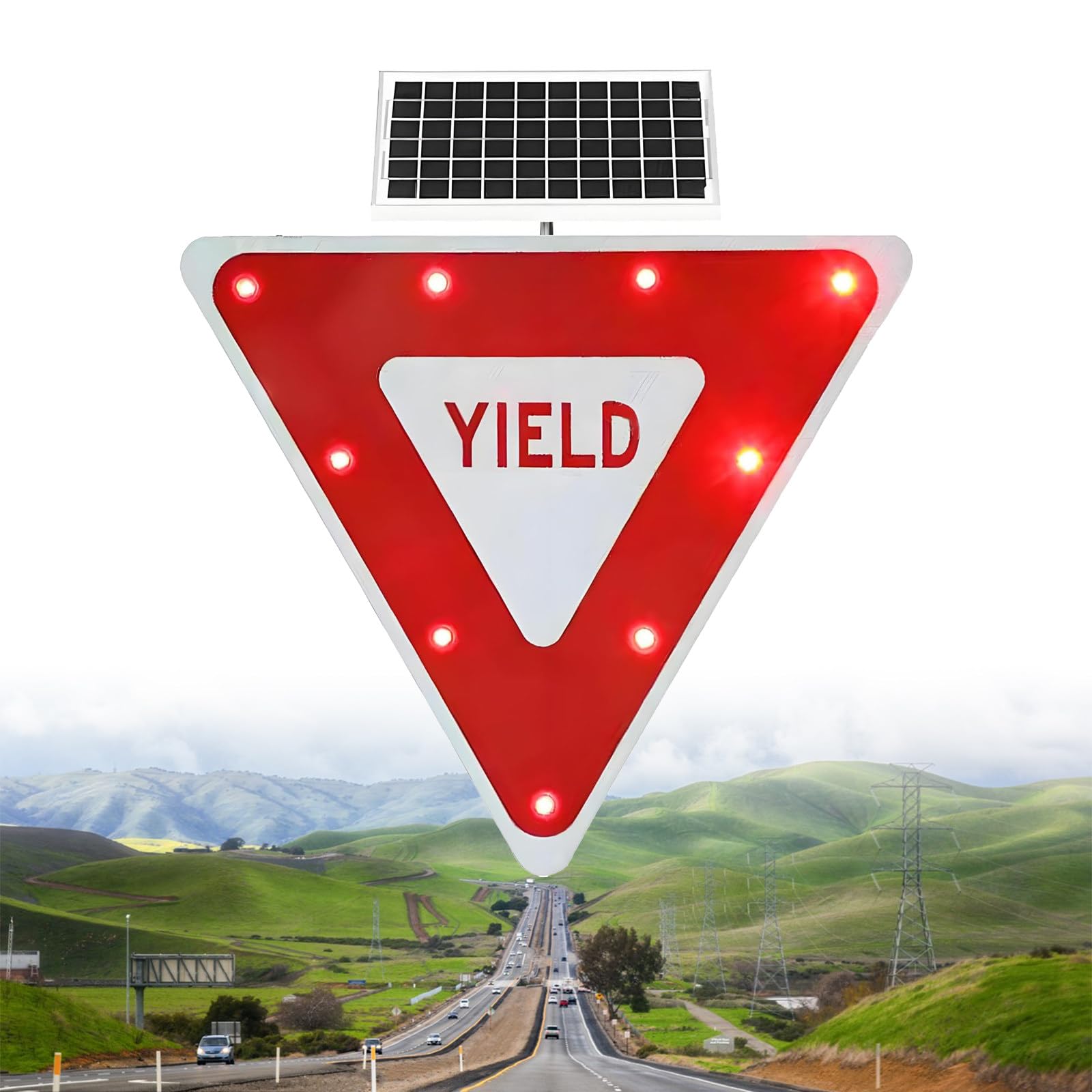 Señales De Tráfico Intermitentes De 24/28" con Energía Solar, para Señalización Vial con Iluminación LED. Membrana De Alta Resistencia De Grado De Ingeniería 24''