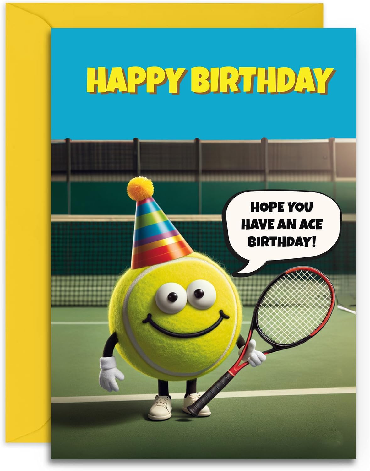 Tennis Birthday Card - Funny Tennis Ace Themed Design - A5 Size with Yellow Envelope. Designed and Printed in the UK