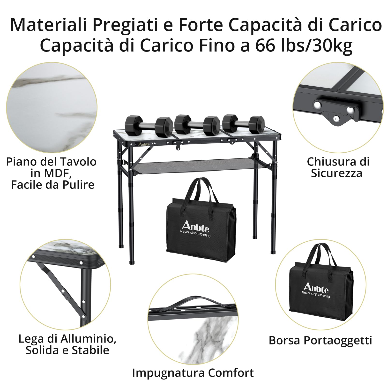 Anbte Tavolo Pieghevole da Giardino Caffè Regolabile 88 * 40 * 70CM Richiudibilecon Tavolino da Campeggio con 3 Altezze Portatile in Alluminio per Picnic/Lavoro/Interno/Truccarsi-Rete di Stoccaggio