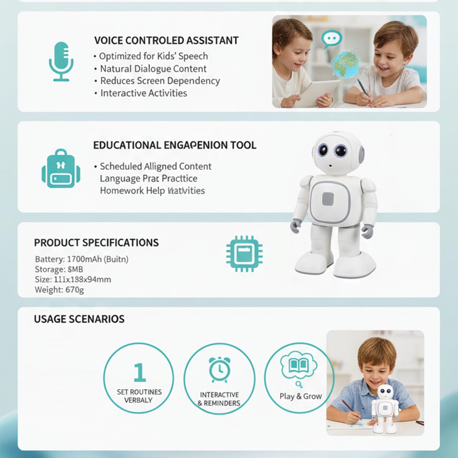 Yosoo Health Gear Robot Intelligente per Bambini, Robot Educativo ABS con Controllo Vocale e Programmazione, Interattivo per l'apprendimento dell'inglese da 1700 MAh per l'educazione Precoce a Casa
