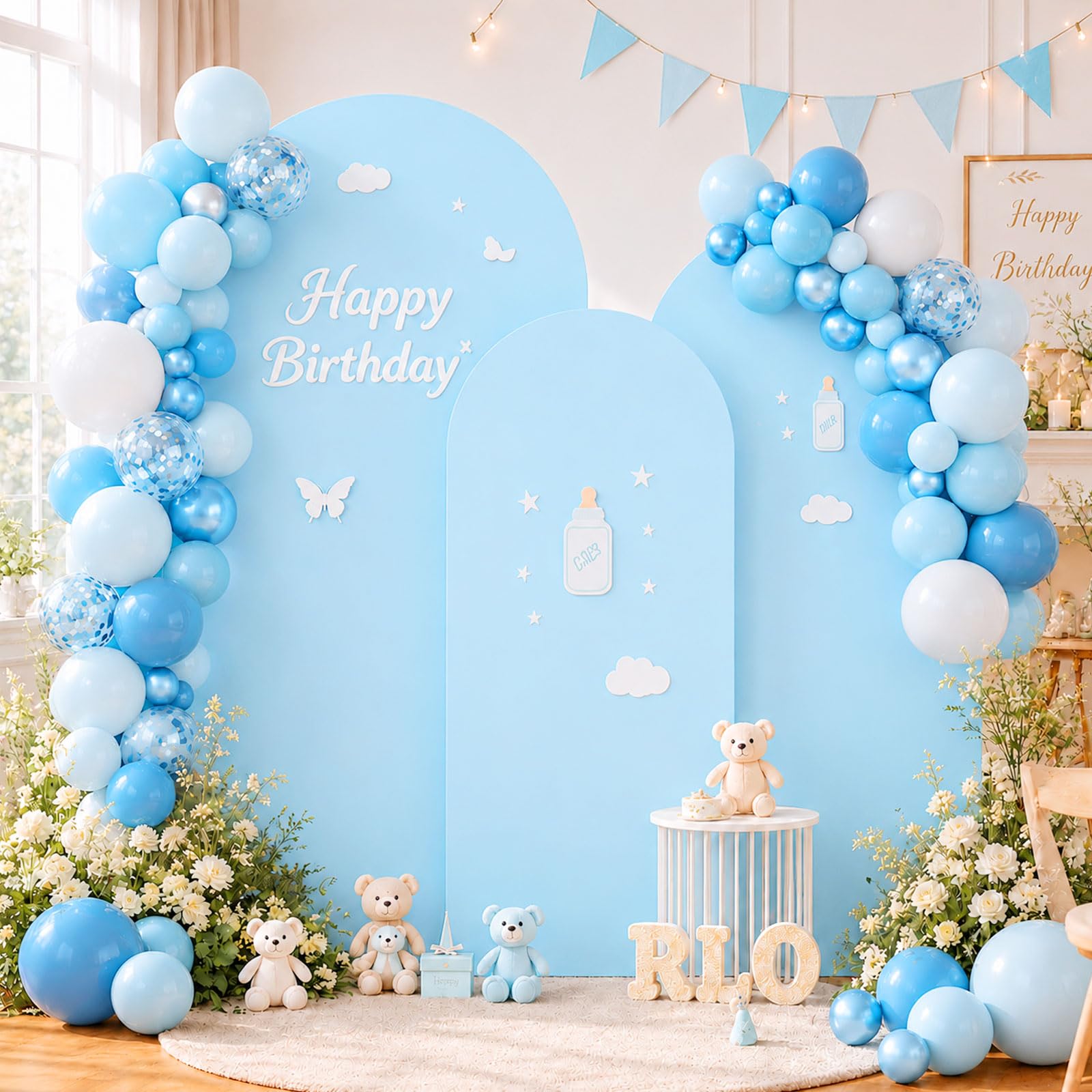 Arc de fond - Toile de fond double face avec dessus rond, fond photo pour mariage, anniversaire, cérémonie, fête et banquet (bleu, lot de 3)