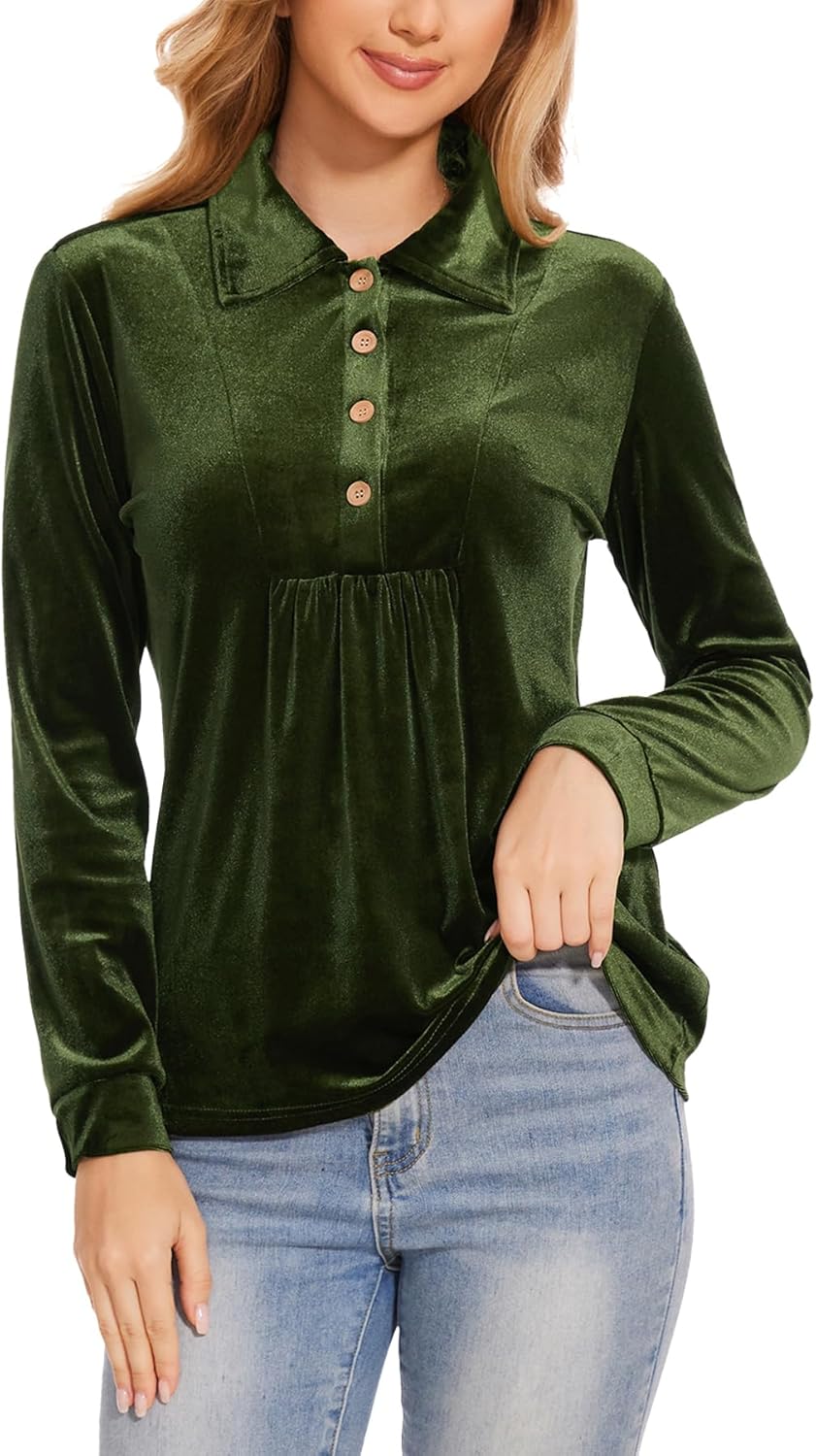 Womens Velvet Tops Long Sleeve Button Down Shirts Flowy Casual Blouses - Image 2