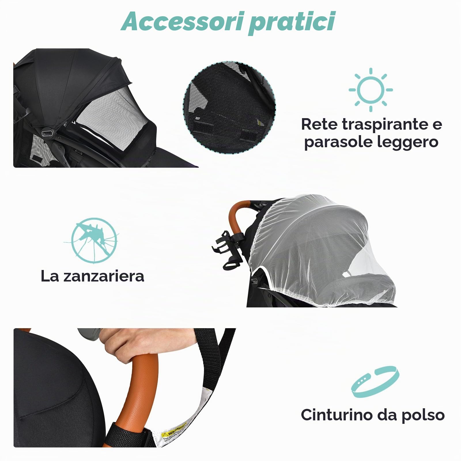 LIFEZEAL Passeggino pieghevole con schienale regolabile, passeggino compatto e comodo con zanzariera, imbracatura a 5 punti, 4 ruote, cestino portaoggetti, carico di 15 kg, 0-36 mesi (nero)