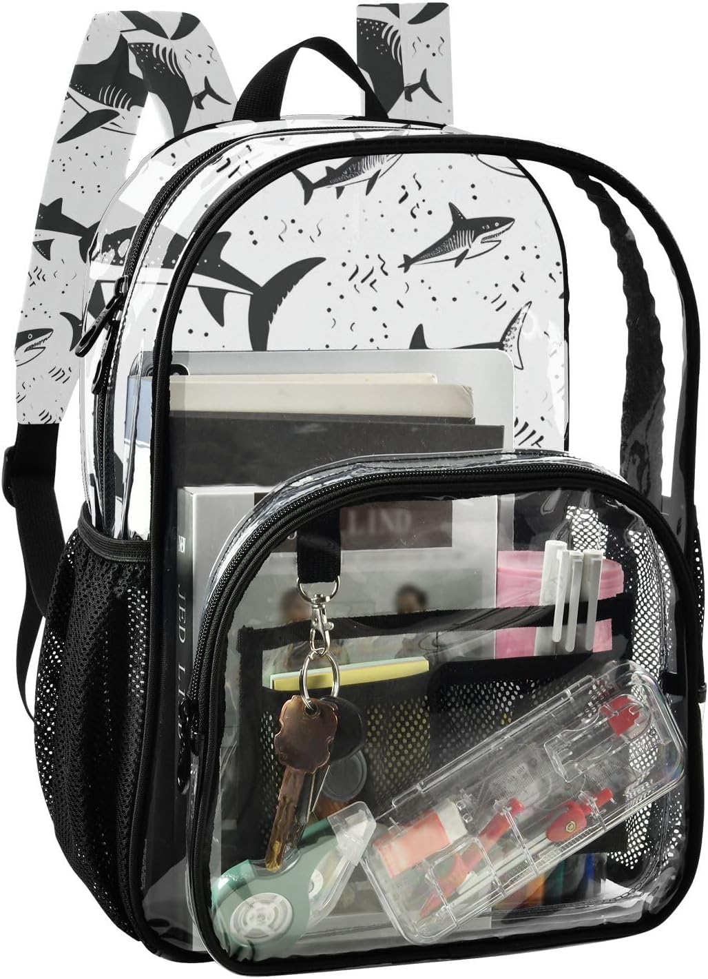Shark Black White Clear Backpack Heavy Duty See Through Transparent PVC BookBag for Kids Boy Girl Adult School Work