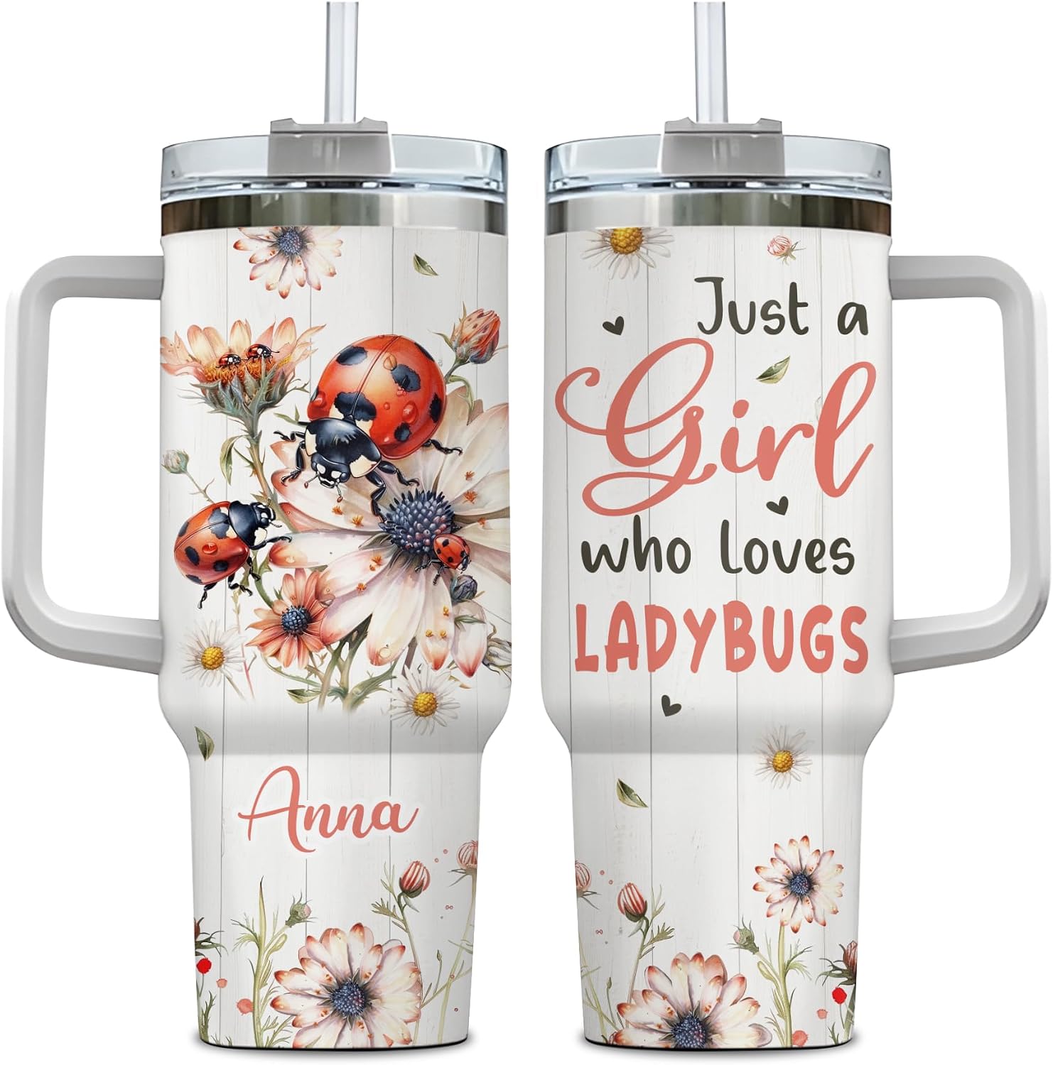 Hyturtle Personalized Daisy Ladybug Tumbler - Ladybug Gifts For Girls Women - Insect Animal Gifts For Lovers - Animal Present On Birthday - Custom Name Travel Coffee Cup 40 Oz With Lid And Straw