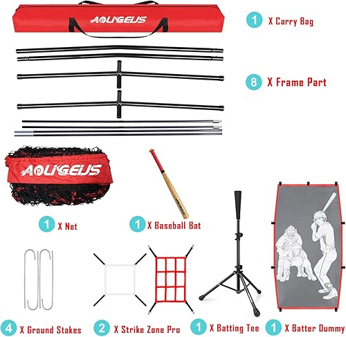 Miniatura 9 de Red de práctica de sóftbol de 7 x 7 pies, red de lanzamiento y bateo con camiseta de béisbol, maniquí de bateo, zona de ataque y marco de arco