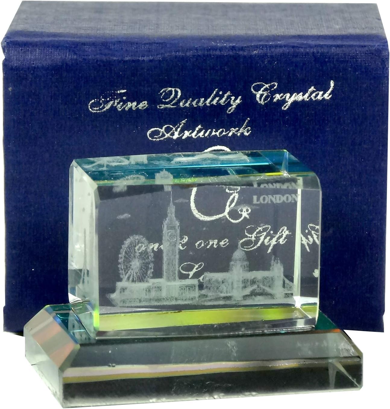London Souvenir Mini Laser Art Crystal - London Scene: Buckingham Palace, Big Ben, Tower Bridge, London Eye and St. Paul's - Horizontal with Colour Base