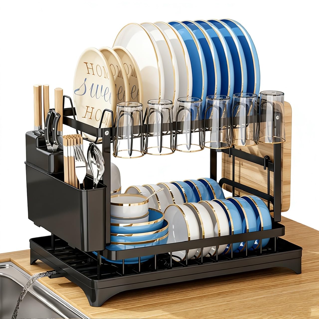 2 Tier Dish Drainer Rack – Stainless Steel Rustproof Dish Drying Rack for Kitchen – Counter Top Draining Board Rack with Drip Tray, Cutlery Holder, Glass Holder and Chopping Board Rack