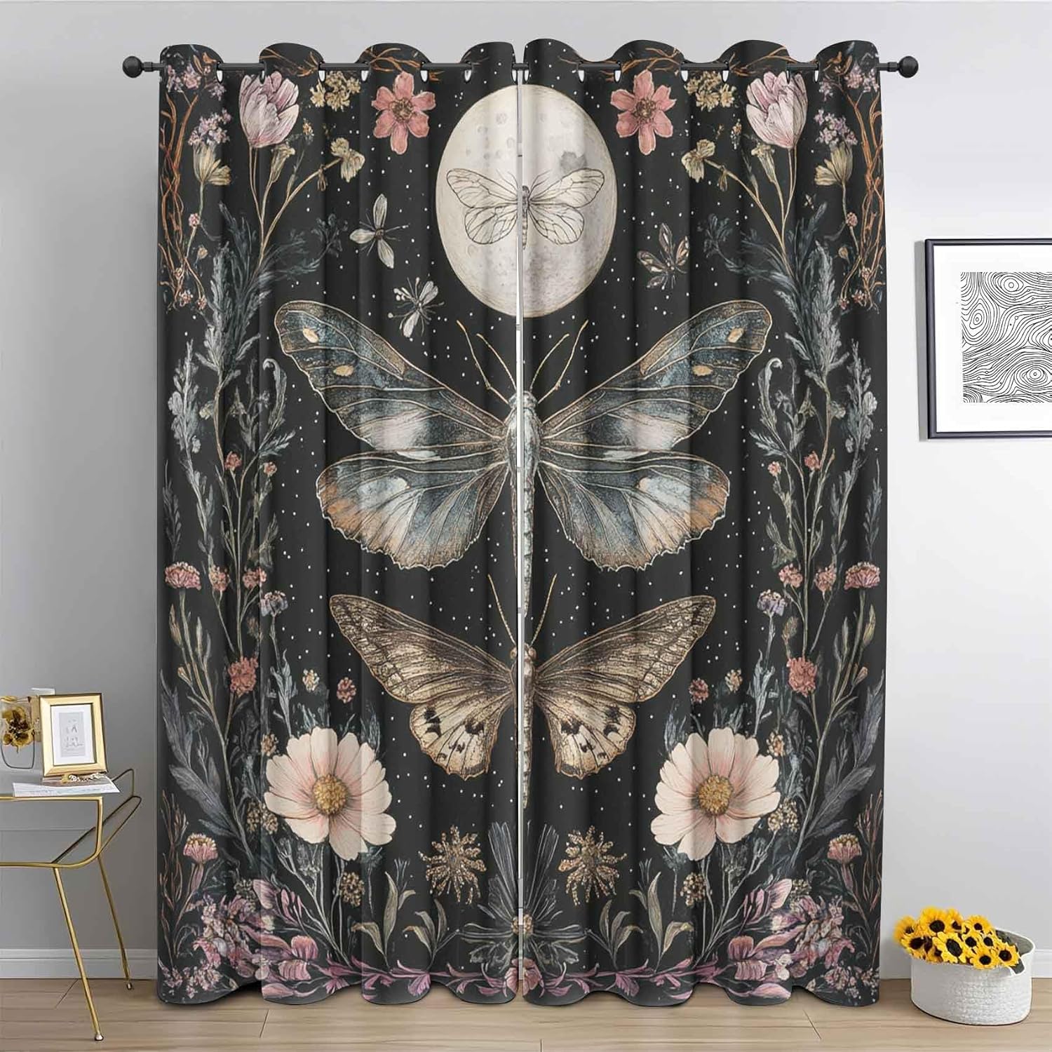 Boho Moth Curtains for Bedroom Decor, Moon Phase Moonlit Garden Blackout Curtains 54 Inch Length 2 Panels Set, Mysterious Night Floral Botanical Drapes Grommet Window Treatment 42 x 54 Inch