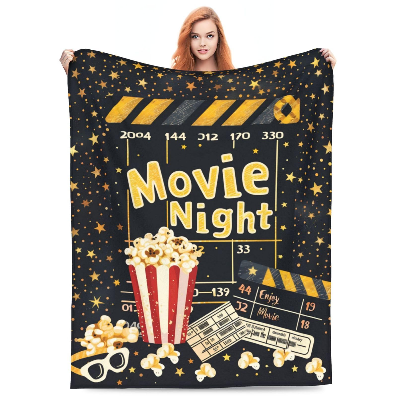 Movie Theme Blanket Gifts for Women Girls Boys, Flannel Popcorn Cinema Print Throw Blankets for Bed Living Room Sofa Couch Camping, Soft Warm