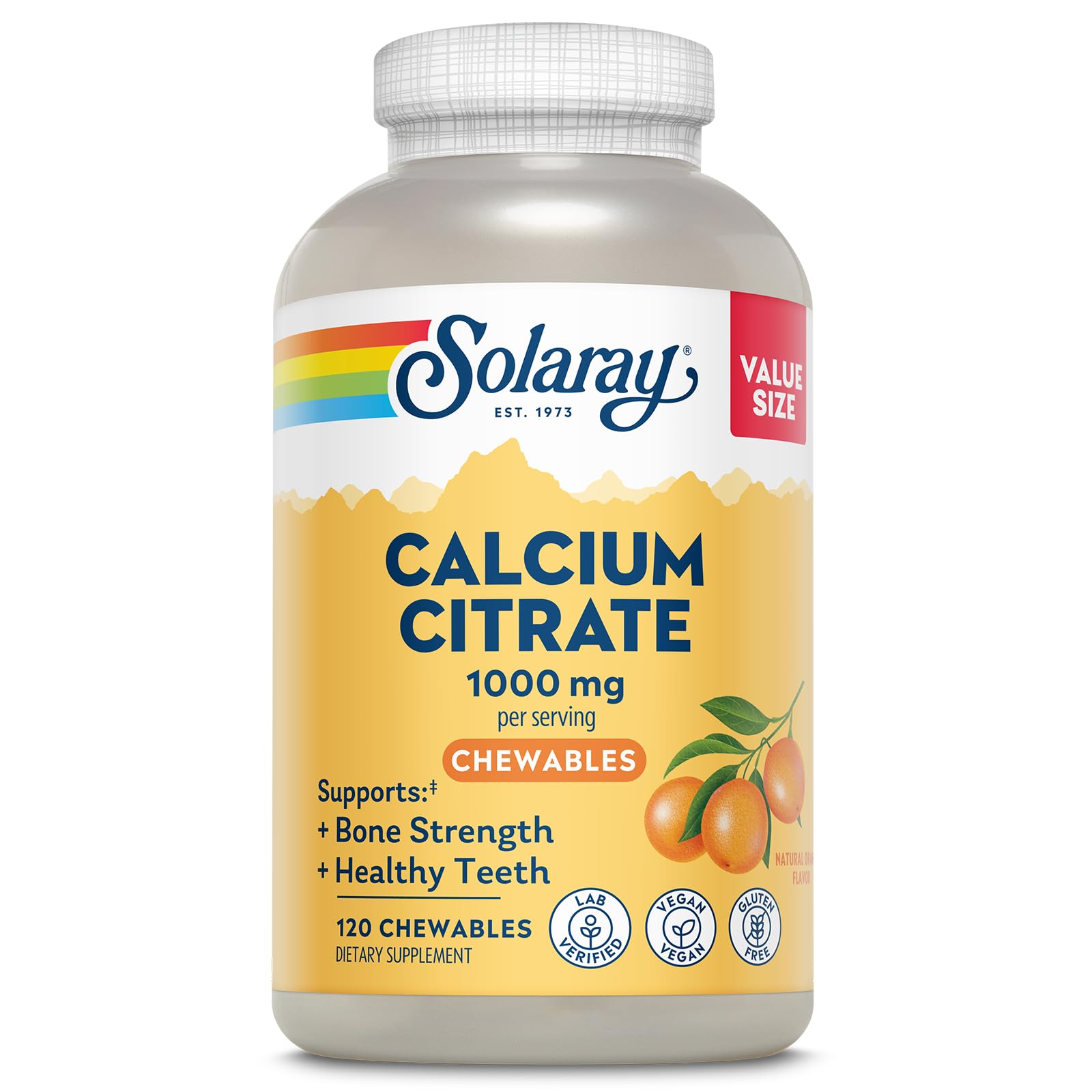 SOLARAY Calcium Citrate 1000mg - Chewable Calcium Supplements for Women and Men - Healthy Teeth and Bone Support - Great, Natural Orange Flavor - Vegan, Gluten Free, 60-Day Guarantee - 30 Servings 120 Count (Pack of 1)