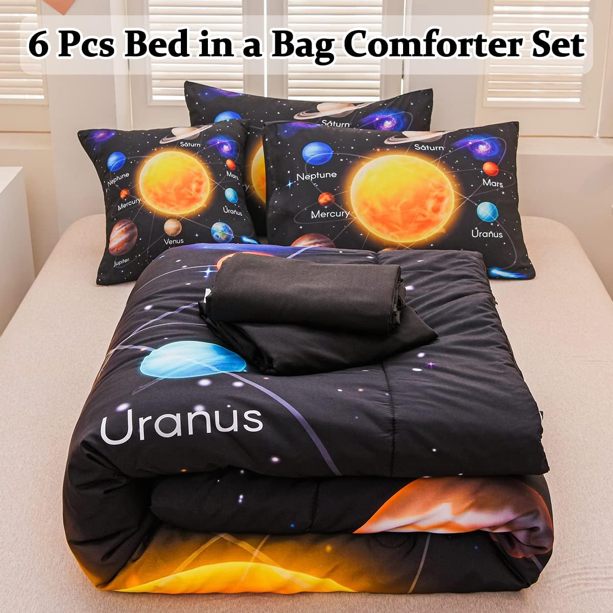 6 Pcs Bed in A Bag Twin Comforter Set for Boys, Solar System Universe Planet Comforter, Space Bedding Sets with Sheets for Kids - Image 2