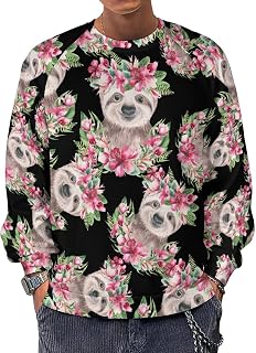 Sloth with Flowers Men's Crewneck Sweatshirt Long Sleeve Casual Pullover Sweater T-shirt Lightweight Tops