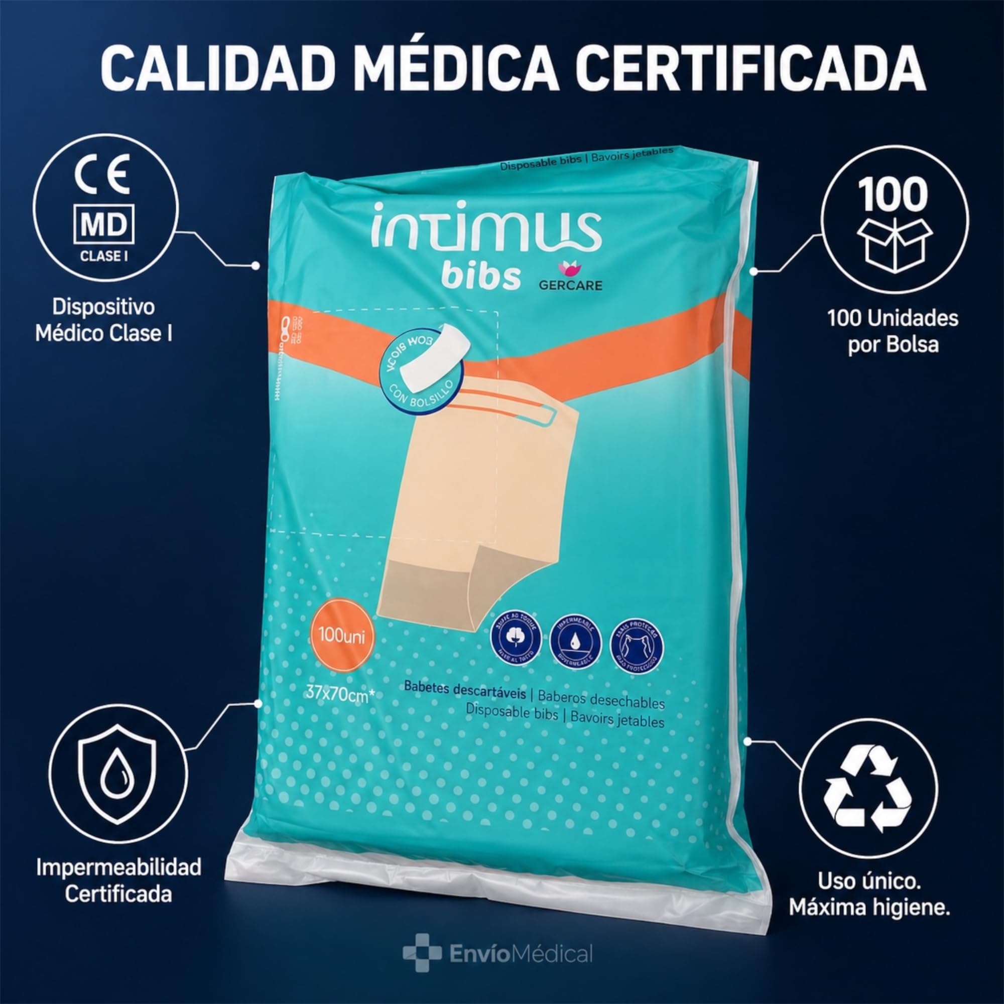 GERCARE Pack de 100 Babero Adulto Desechable. Baberos Adultos 37x70 cm. Adultos Impermeables. Baberos Desechables. Incluye Bolsillo Recogemigas.