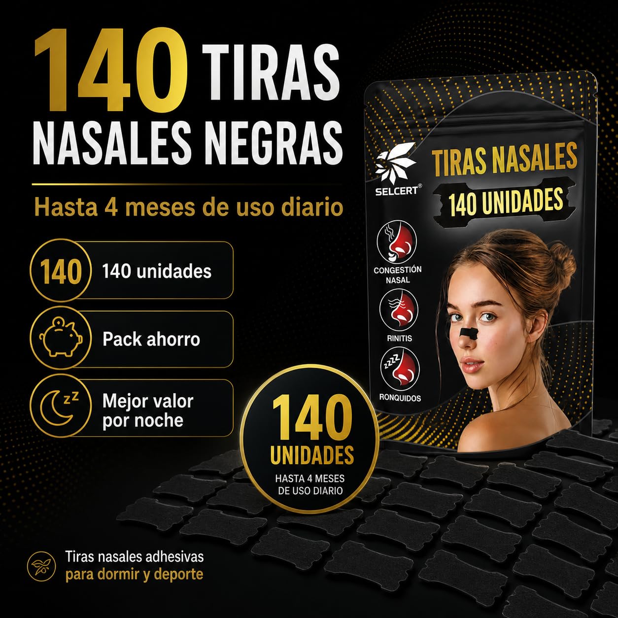 Tiras Nasales Antirronquidos x140 - Dilatador Nasal Negro para Dormir Mejor, Deporte y Congestión Nasal - Nasal Strips/Nose Strips, Adhesivo Fuerte