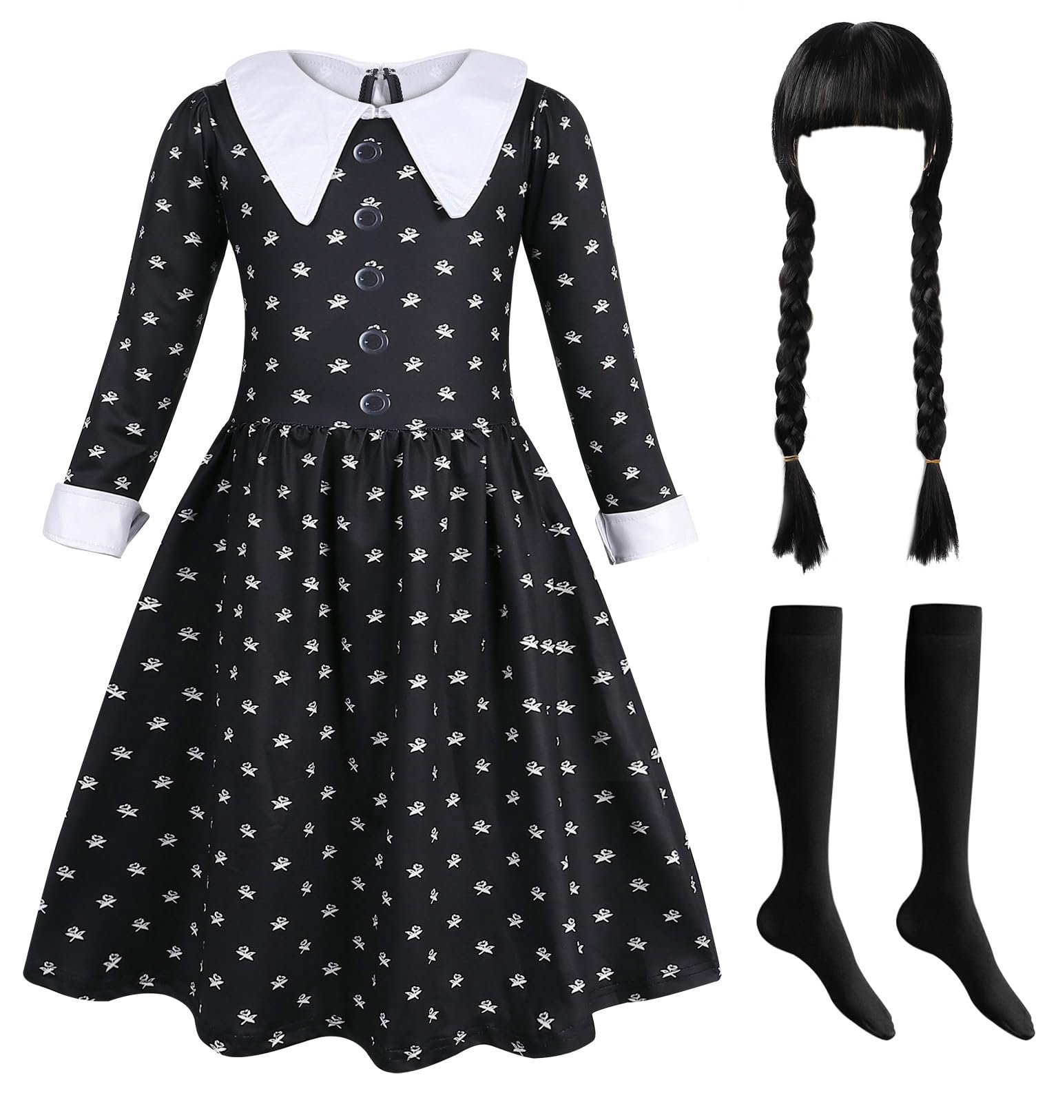 Berich Girls Black Costume with Socks Halloween Costumes for Girls Gothic School Fancy Dress Princess Role Play World Book Day Outfit Princess Black Dress 7-8 Years, Size 140