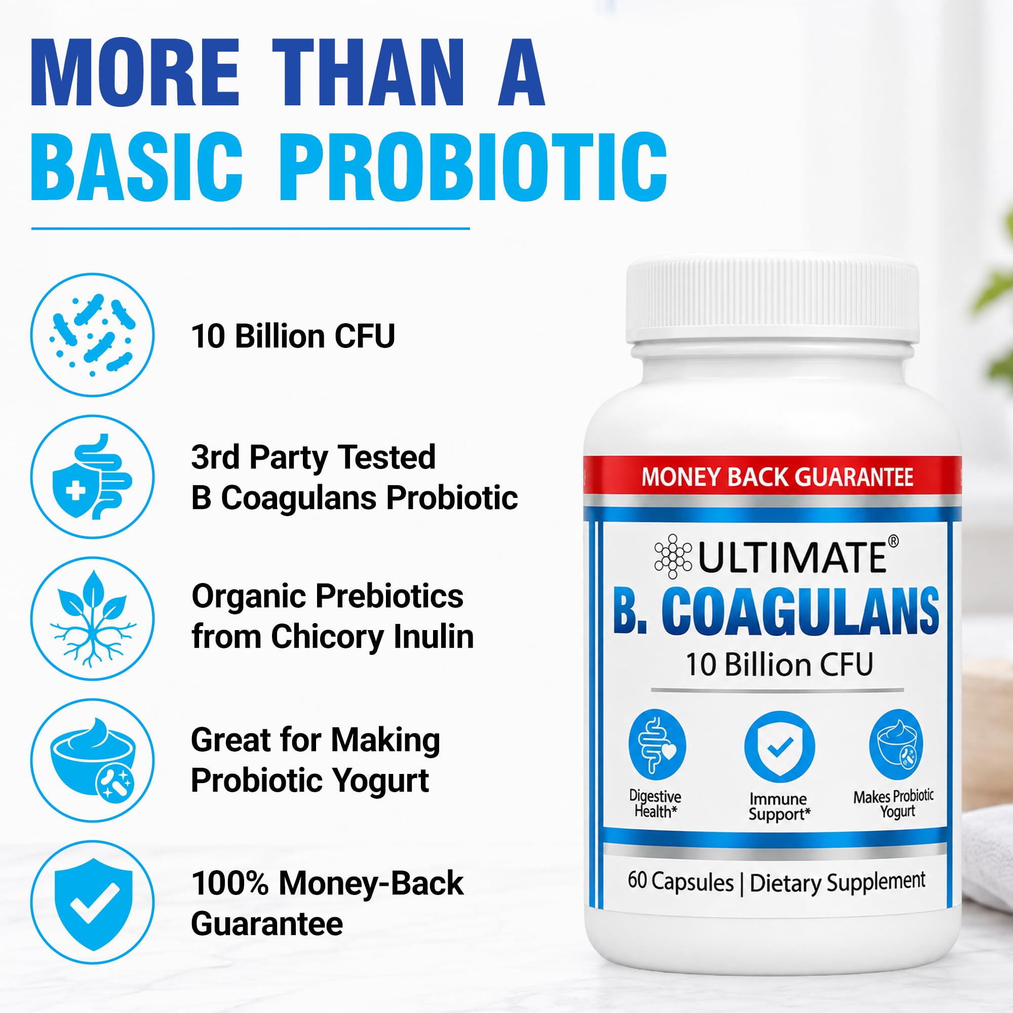 Ultimate B. Coagulans Probiotic 10 Billion CFU Yogurt Starter Culture, 2-in-1 Gut Health Prebiotic Supplement Supports Digestion, Made with Bacillus Coagulans & Organic Chicory Inulin, 60 Capsules — Amazon image 7
