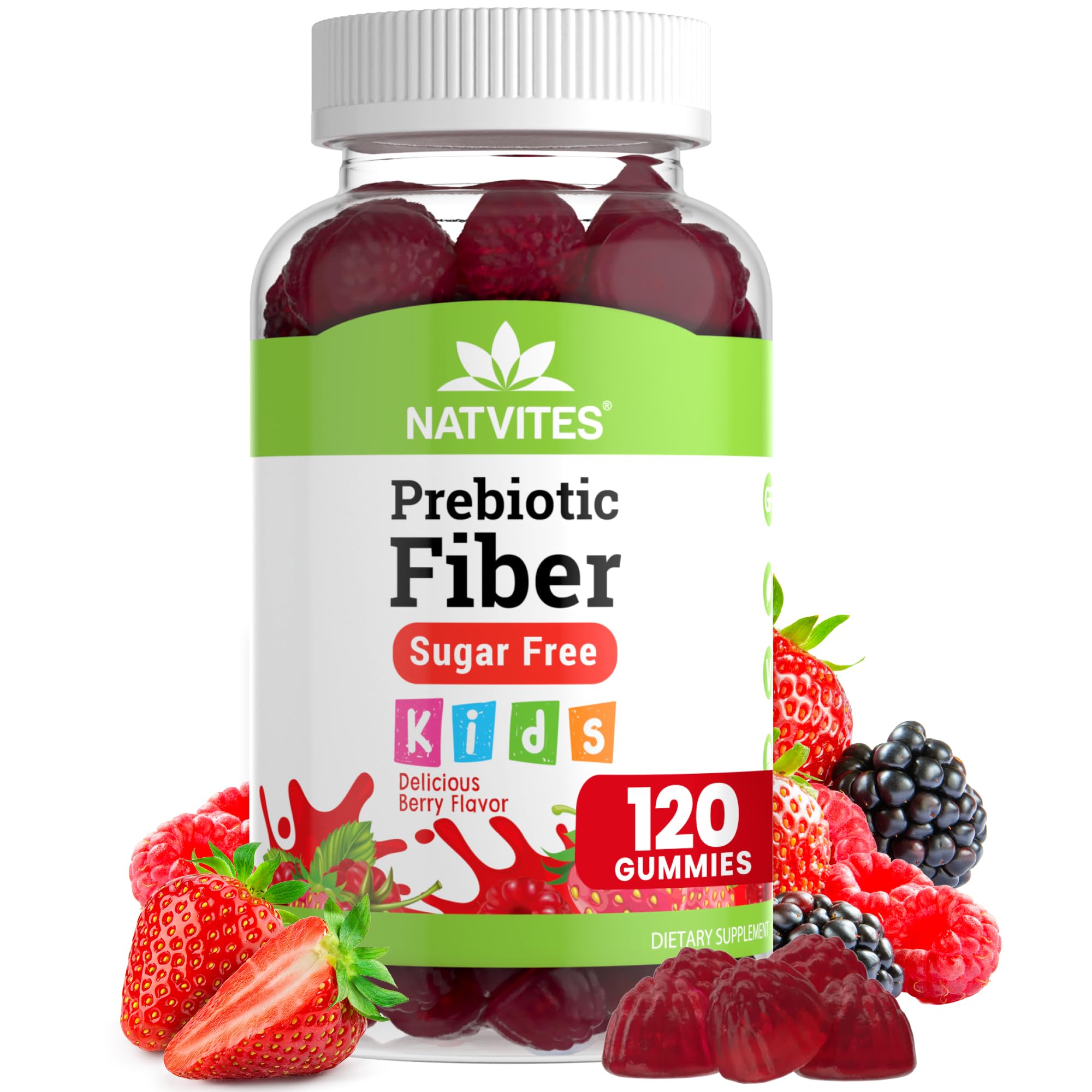Prebiotic Kids Fiber Gummies, for Children Ages 2 & Up - Sugar Free Vegetarian Gelatin Free Non-GMO, Kids Fiber Supplements for Digestive Health (120 Count)