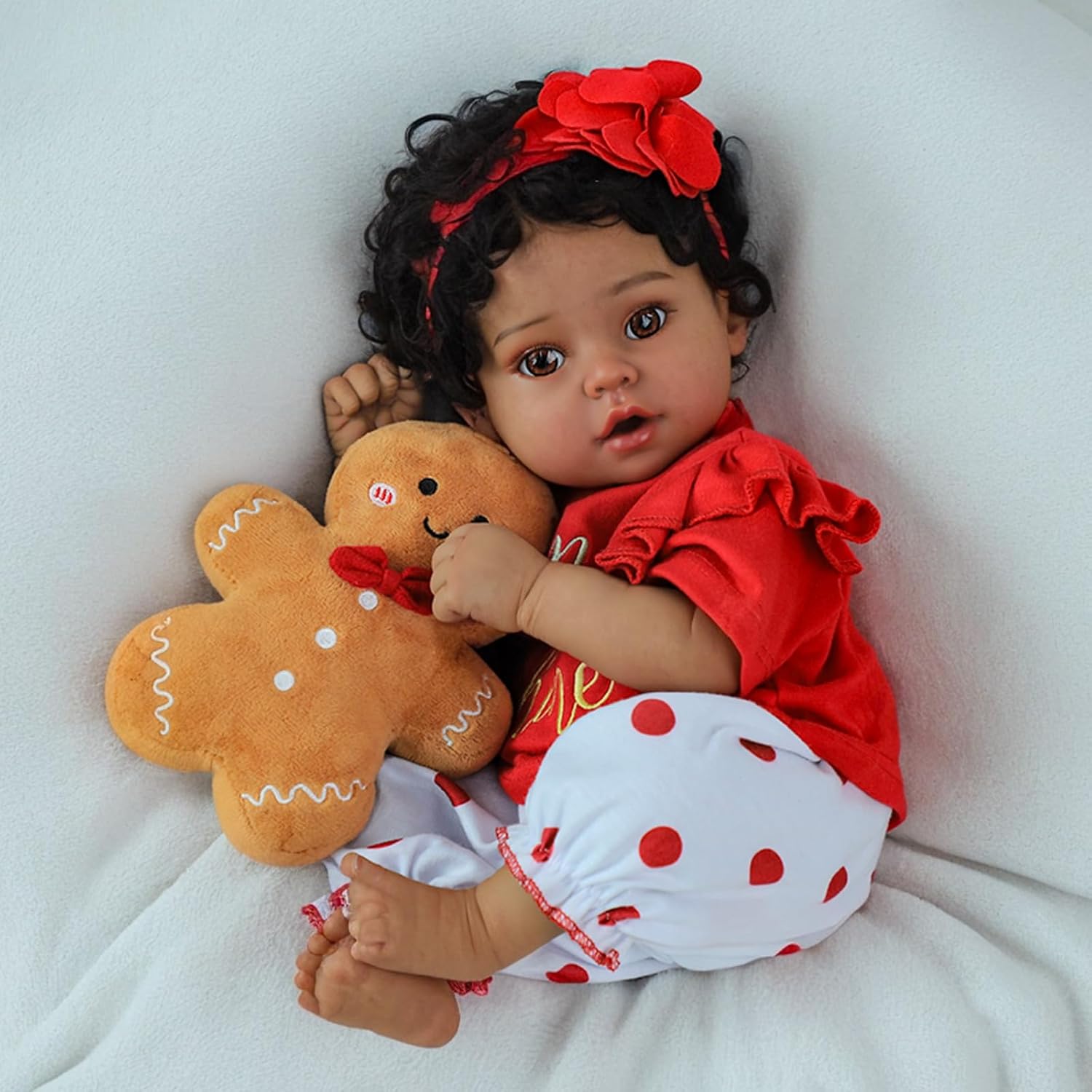 SCOM Reborn Baby Dolls Black Girl - 20 Inch African American Baby Dolls, Lifelike Soft Body Realistic with Open Eyes Red Suit Newborn Dolls Real Life Dolls Gift for Kids Age 3