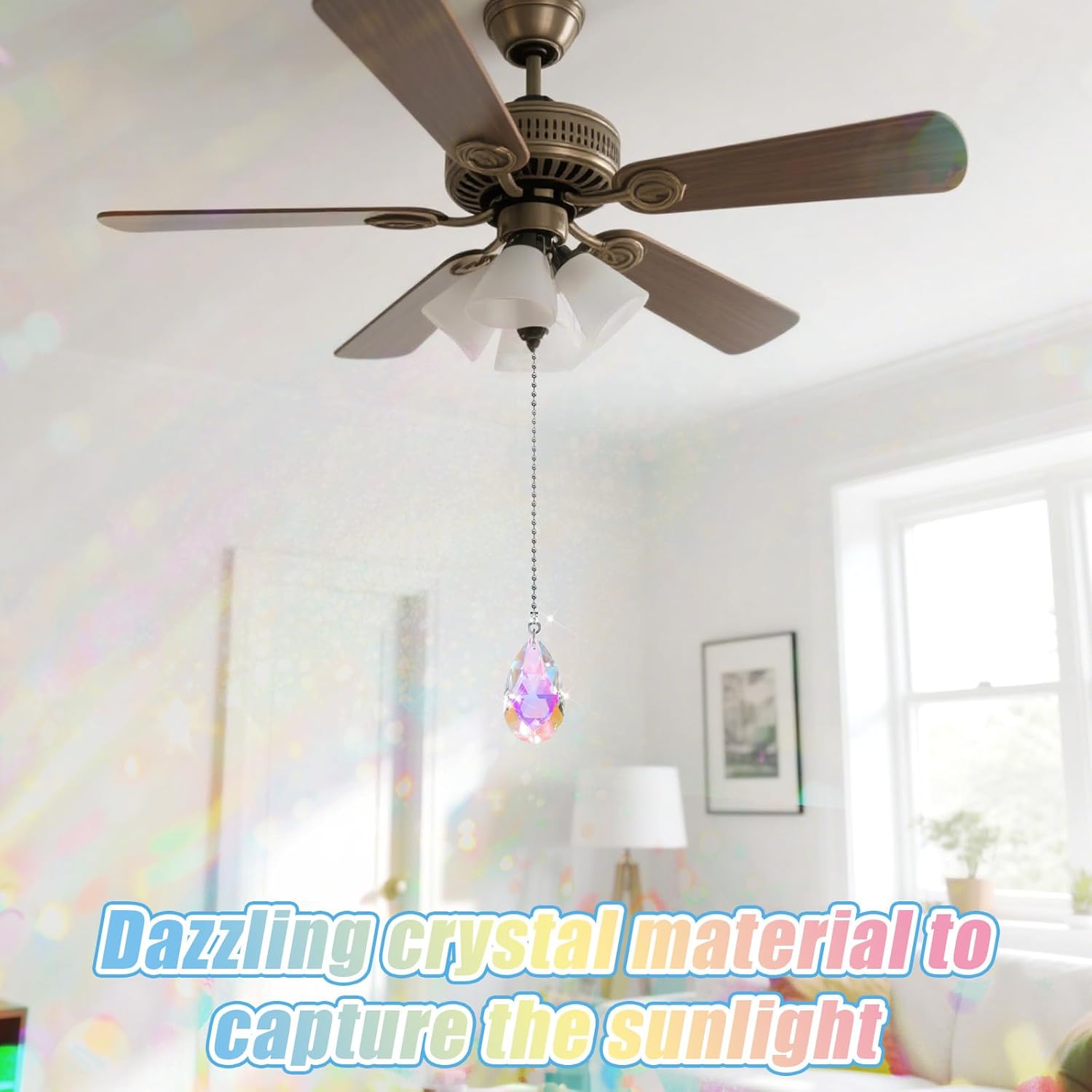2Pcs Rainbow Ceiling Fan Pull Chains, 2" Glass Water Drop Pendants with 20" Ceiling Fan Pull Chain Extender and Connector, Crystal Fan Pull Decorative for Bathroom Toilet Light Ceiling