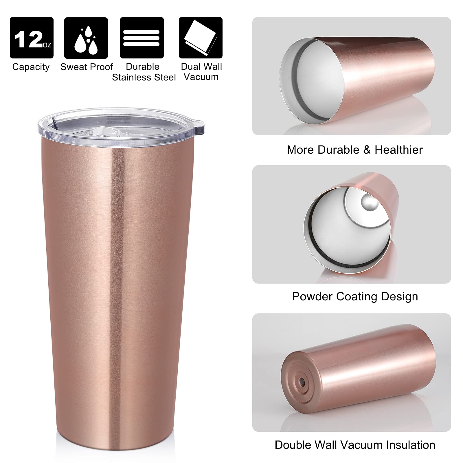 VEGOND 590 ml Becher mit Deckel und Strohhalm, 6 Stück, vakuumisolierter Edelstahlbecher, doppelwandiger Kaffeebecher, Reisebecher, Roségold