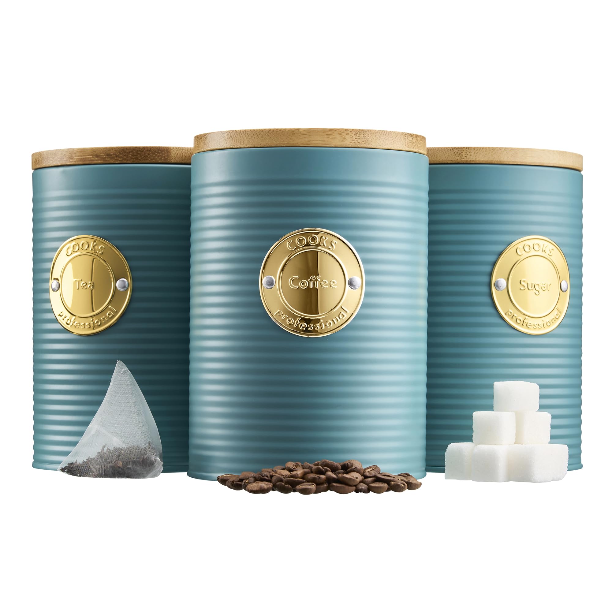 Cooks Professional 3 Piece TeaCoffee & Sugar Ribbed Canister Set With Bamboo LidsKitchen Storage BinsTeal & Gold from B&Q