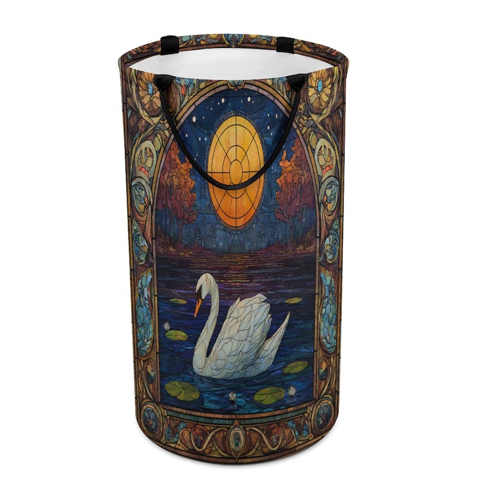 LUYYSKY Classic Abstract Elegant Swans Collapsible Dirty Clothes Basket, Rustic Fantasy Full Moon Animals Swans Lake Pattern Portable Clothes Storage Basket