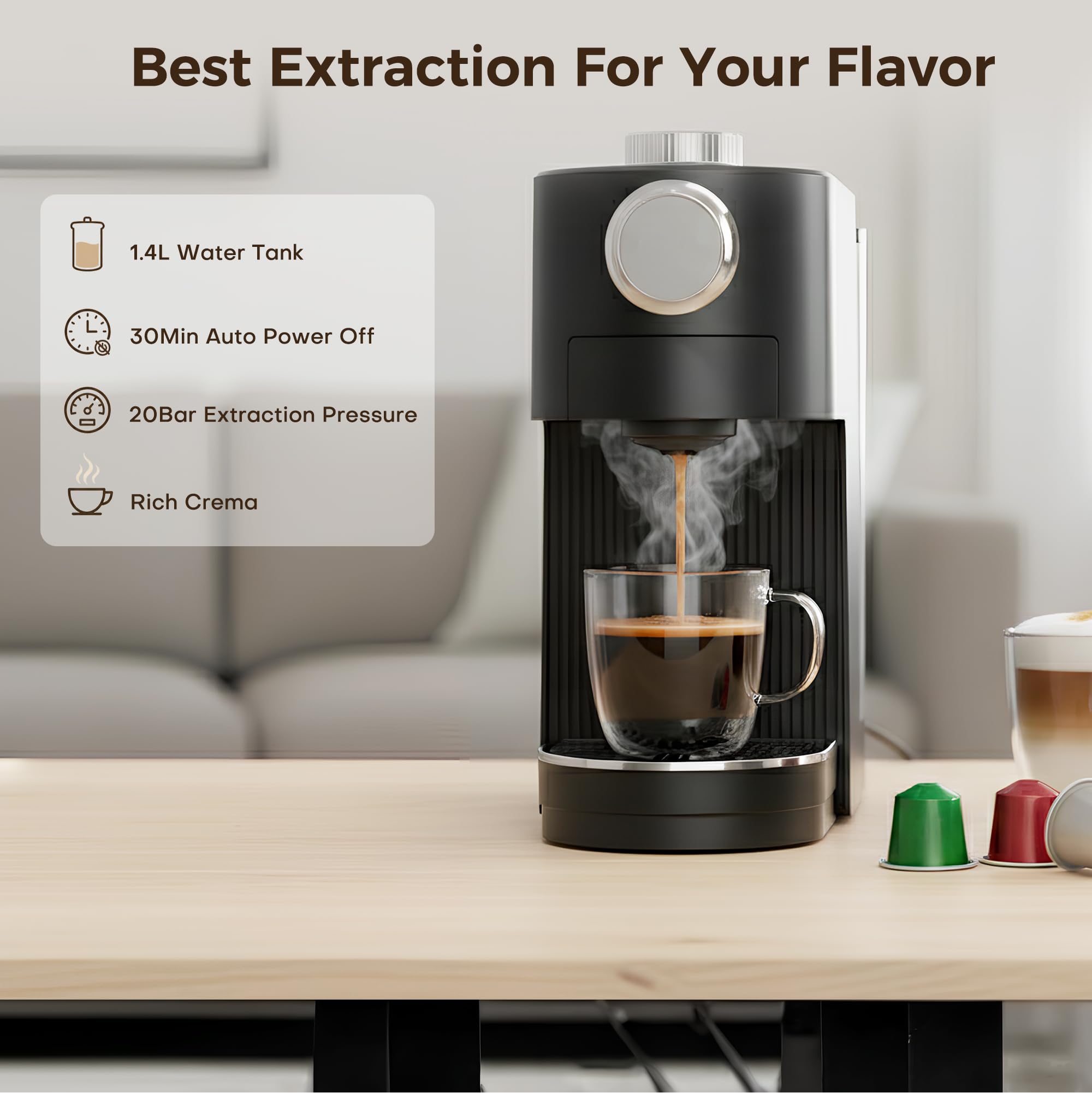 Machine à Café Expresso 3 en 1, 20 Bars, Cafetière Multi-Capsules Compatible avec NES Original/DG/Café Moulu, 7 Niveaux de Volume et Température Réglable, pour Maison et Bureau (Noir)