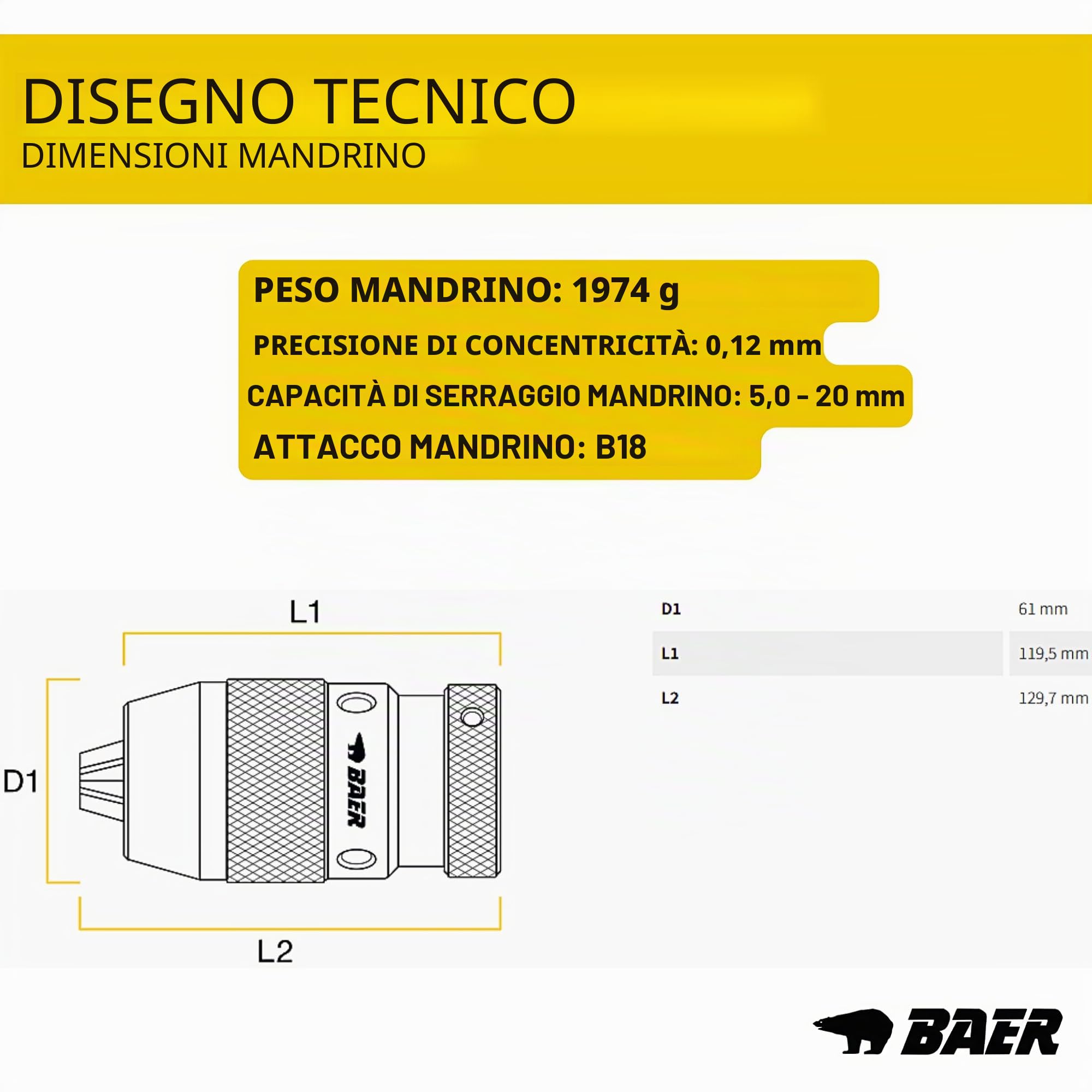 BAER Mandrino con attacco conico 5,0 – 20,0 mm | conico B 18 – Mandrino di precisione | martello perforatore