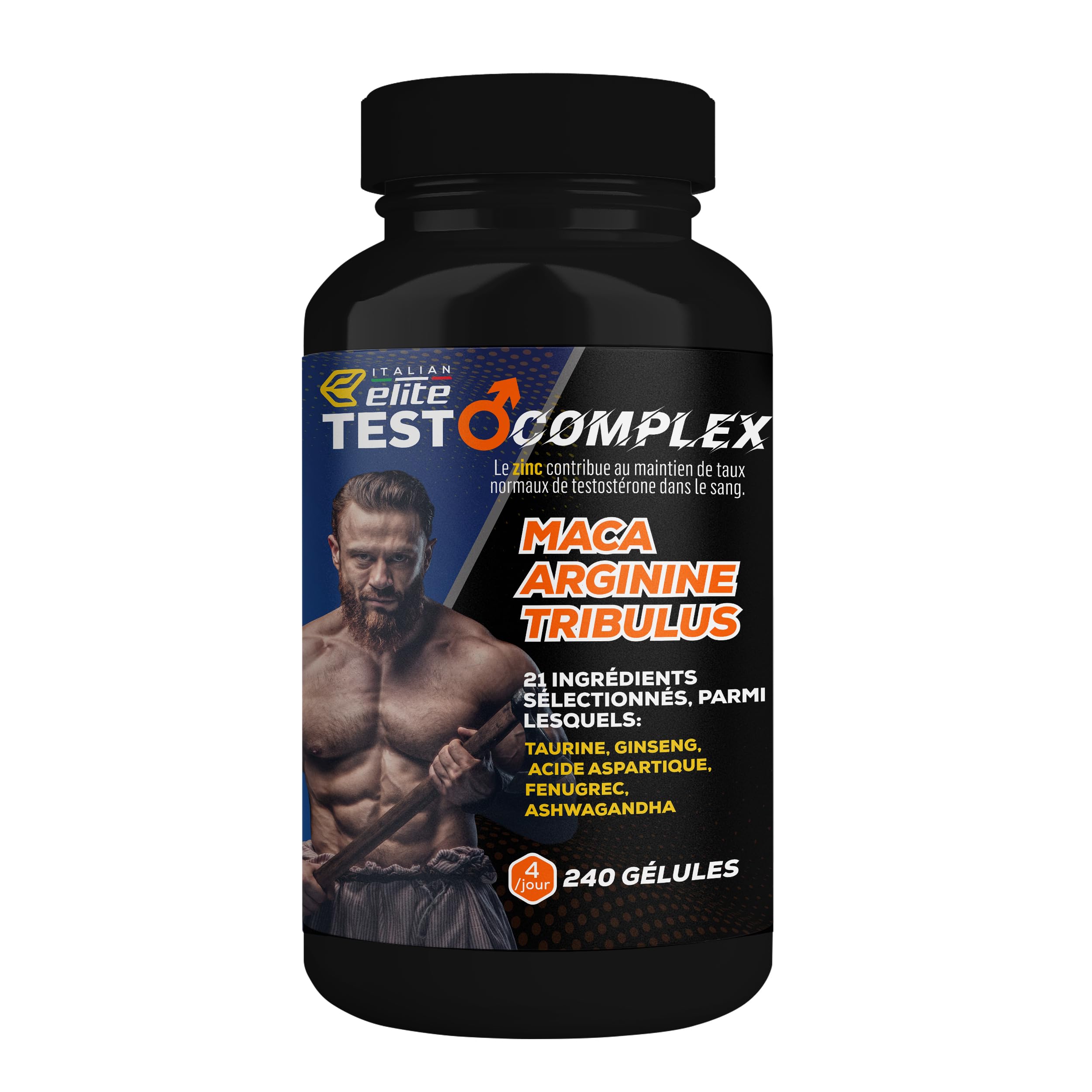 Italian Elite Testo Complex 240 Gélules - Formule avec Maca 8000 mg, Tribulus, Fenugrec, Zinc, Arginine, Taurine, Ashwagandha, Vitamines et Minéraux