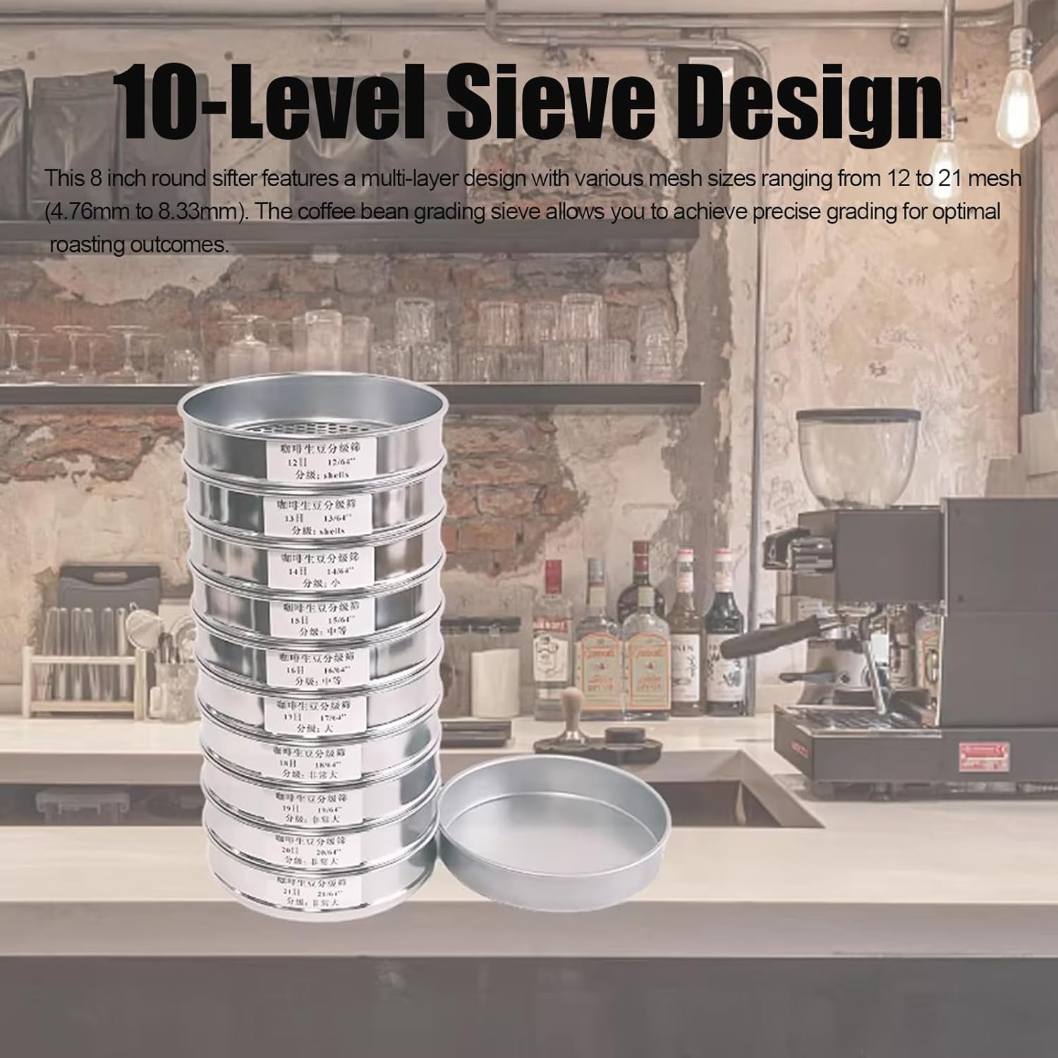 Coffee Bean Grading Sieve, 8 Inch Multi-Purpose Stainless Steel Sieves with Bottom Tray, 12/13/14/15/16/17/18/19/20/21 Mesh, 10 Layers Precision Sifting for Home Coffee Shop Use