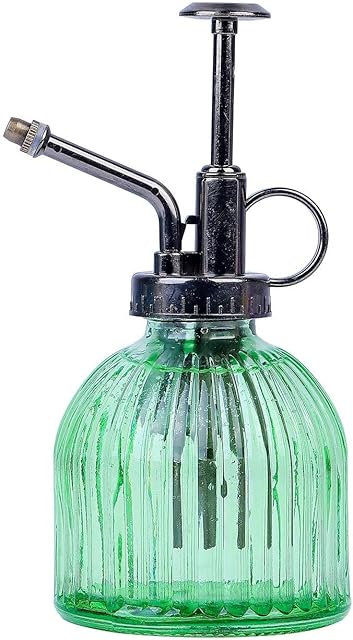 MEETOZ Glass Plant Mister Spray Bottle 200ml, Vintage Style Spritzer Bronze Plastic Top Pump One Hand Watering Can Indoor Plant Spray Bottle for Garden, Plants, Cleaning (Green)